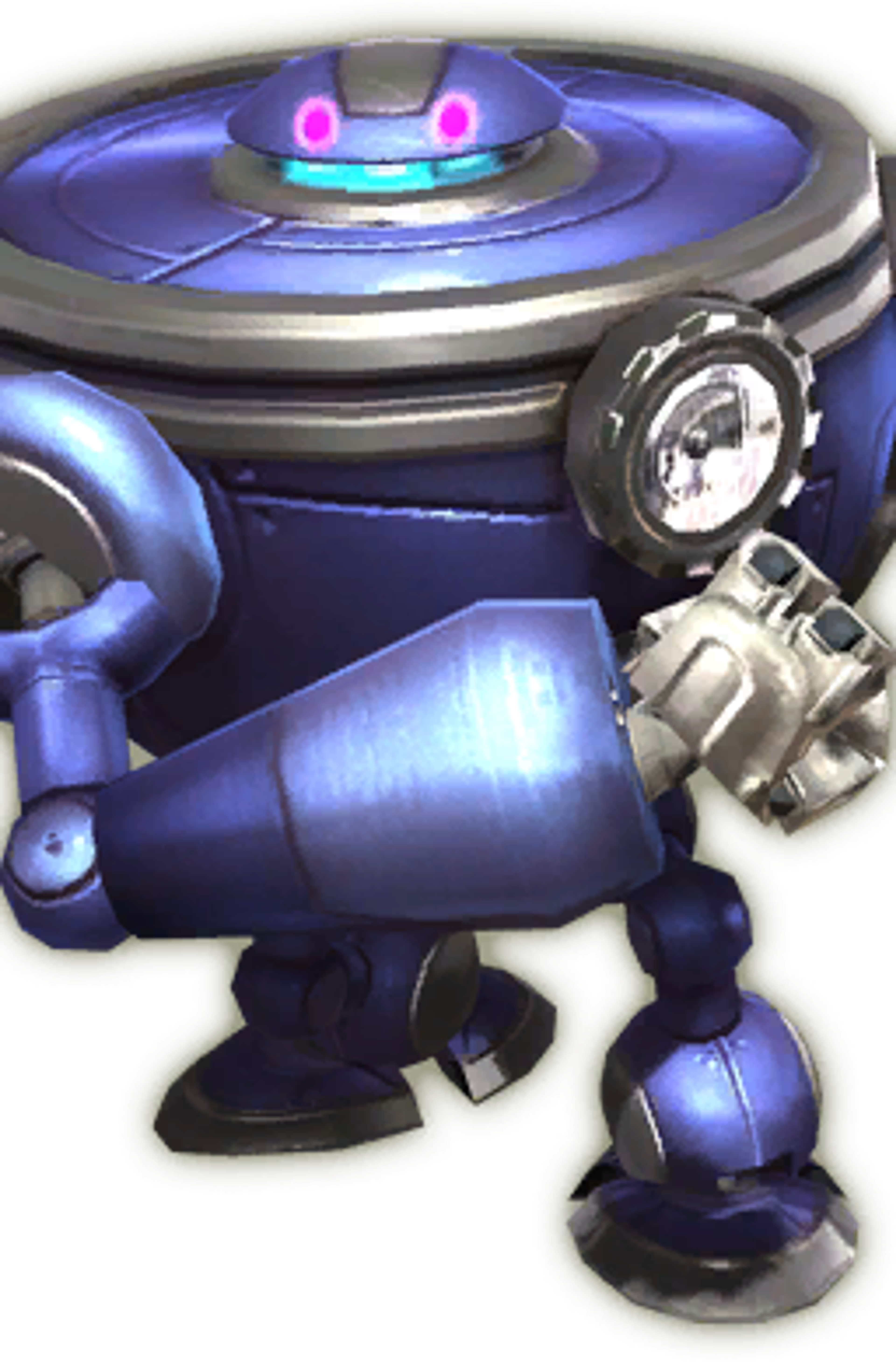 A detailed robotic character with a metallic purple, cyan, and silver color scheme and glowing purple eyes.