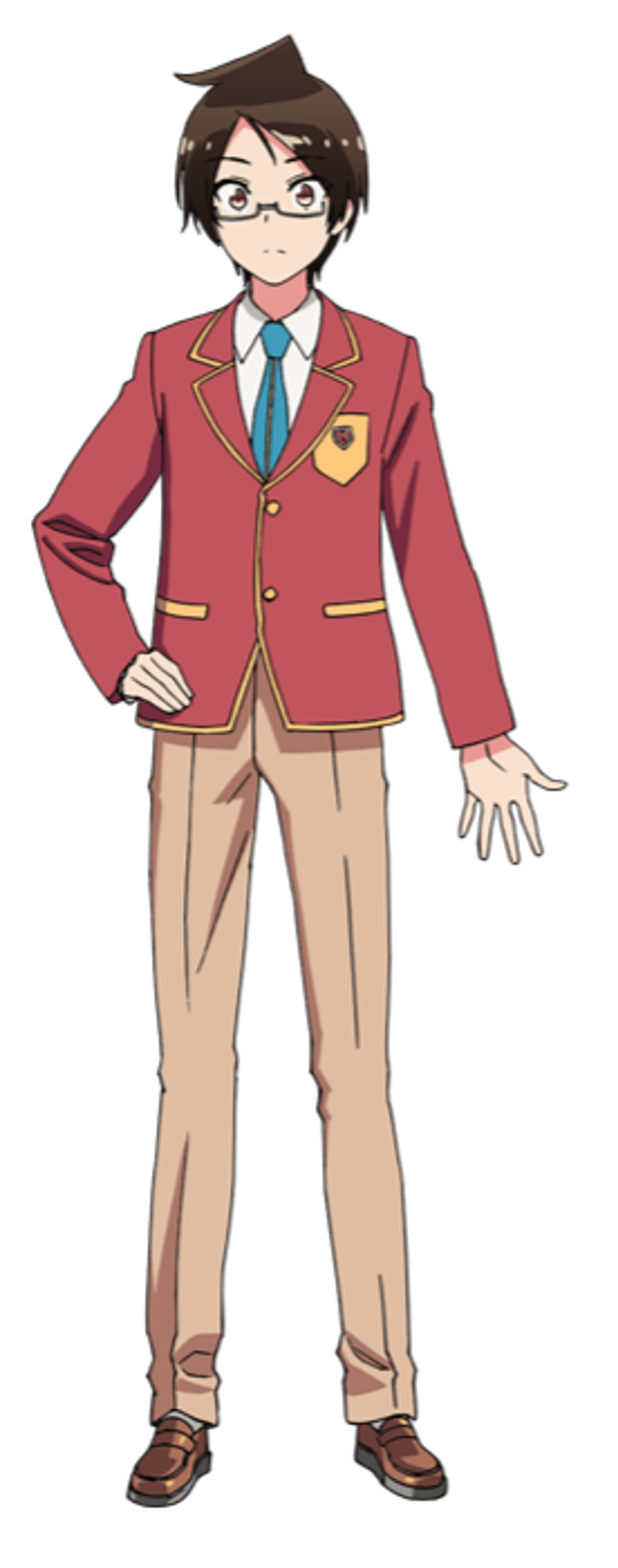 An anime-style character in a red school uniform with a shield emblem