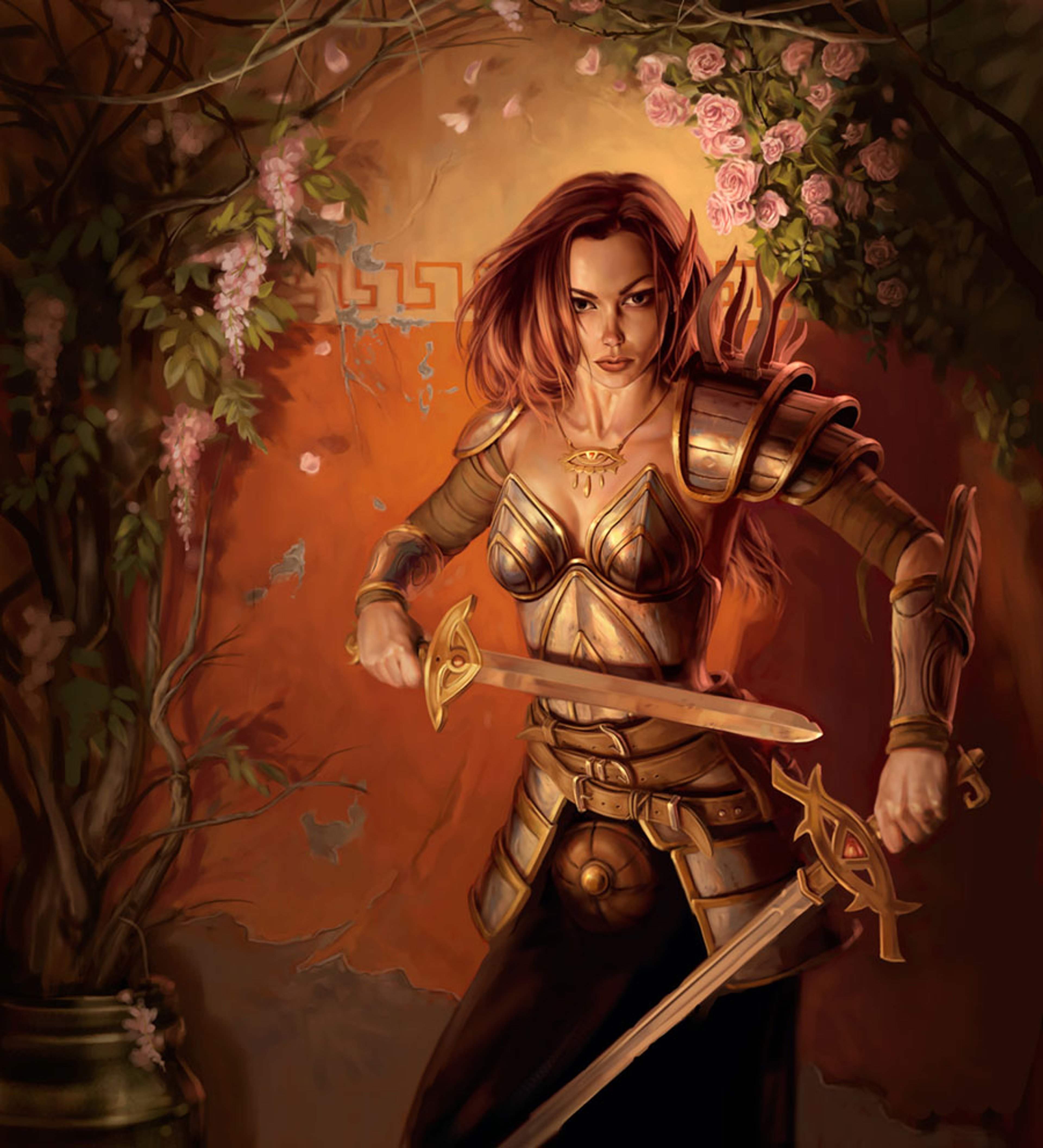 A female paladin character in ornate golden armor, holding a sword and standing in a forest setting.