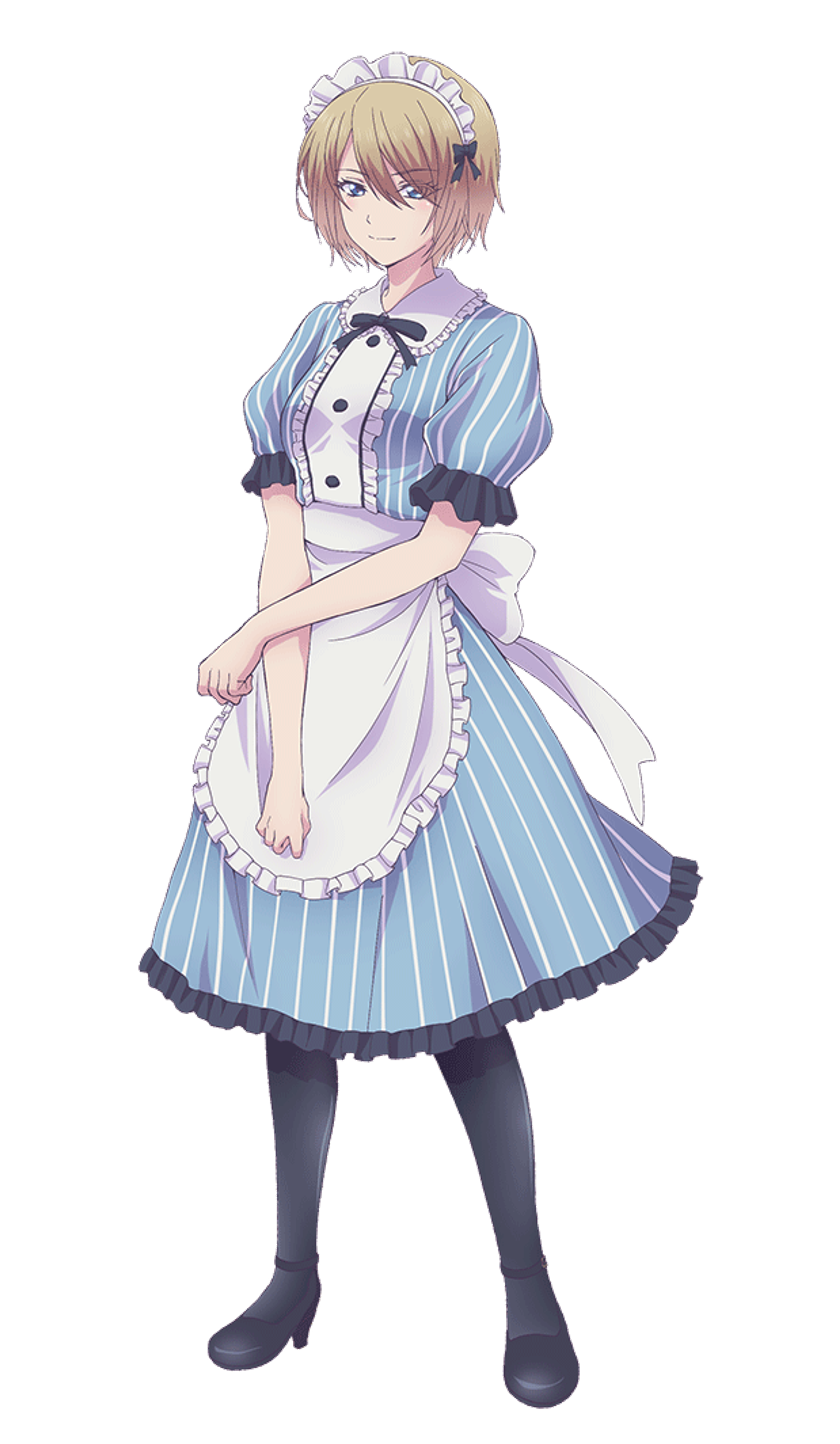 A young woman in a maid-like outfit with a serious expression