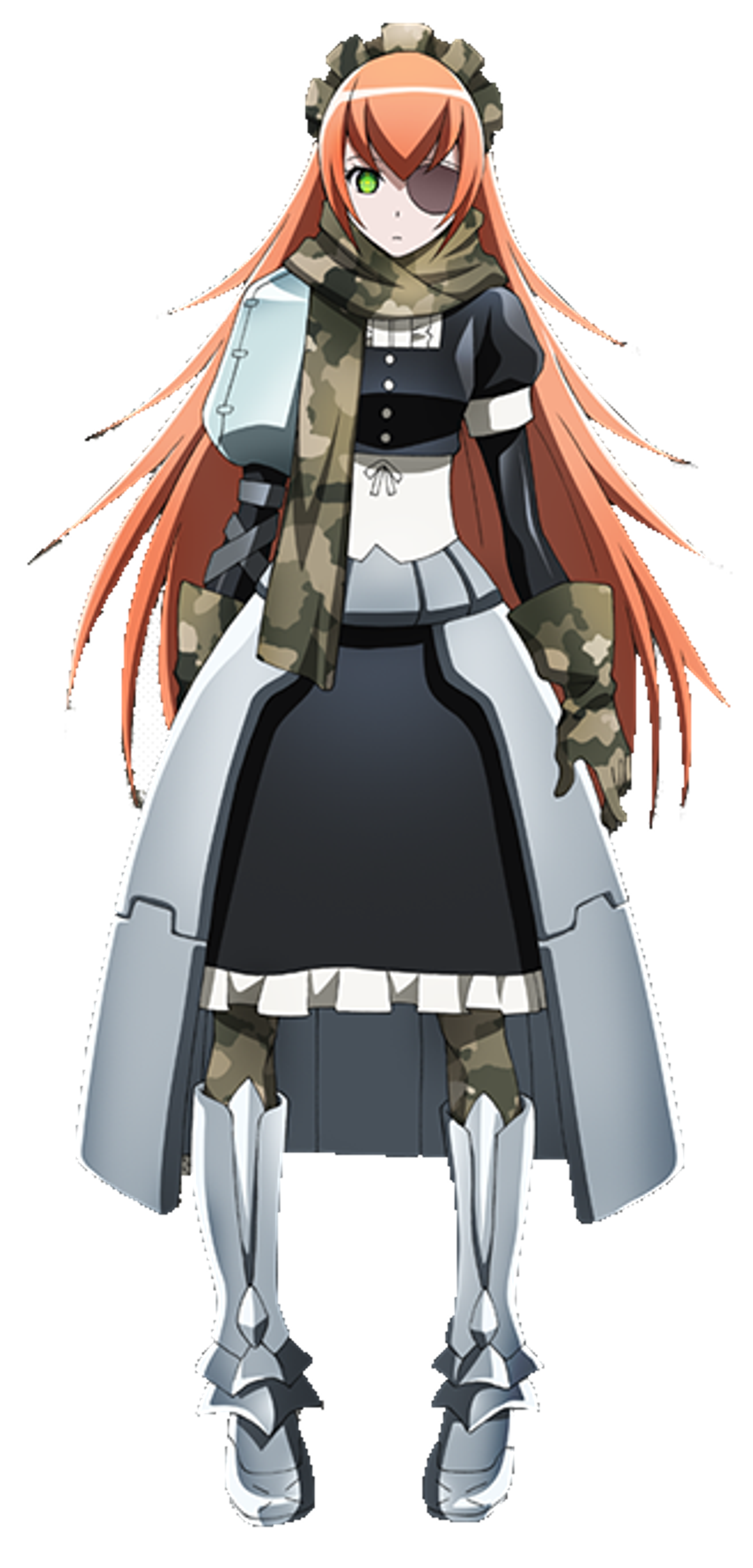 A petite, beautiful automaton battle maid with red-gold hair and an emerald eye, wearing military-style camouflage accessories.