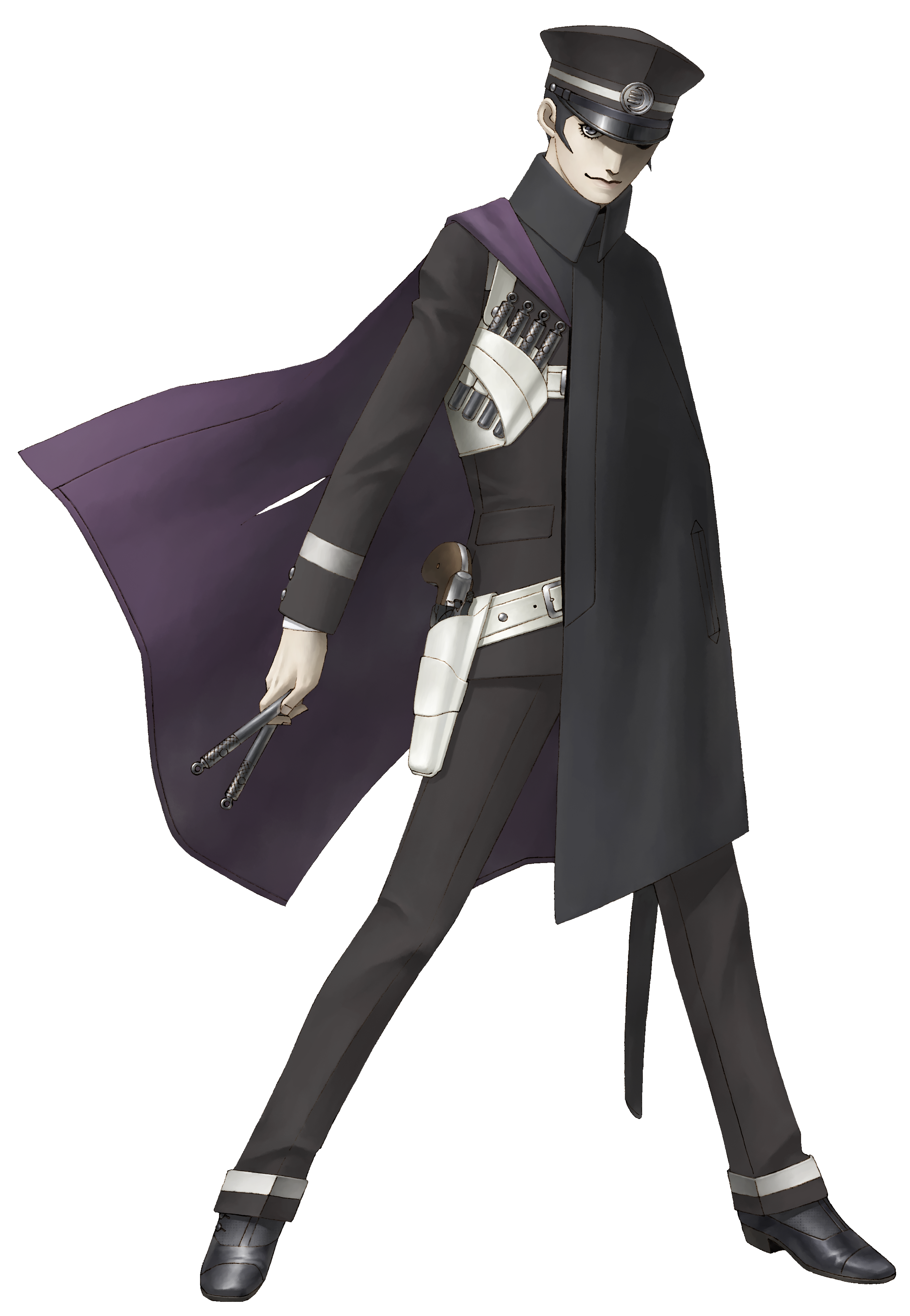 A young, serious-looking man in a dark coat holding a katana and revolver