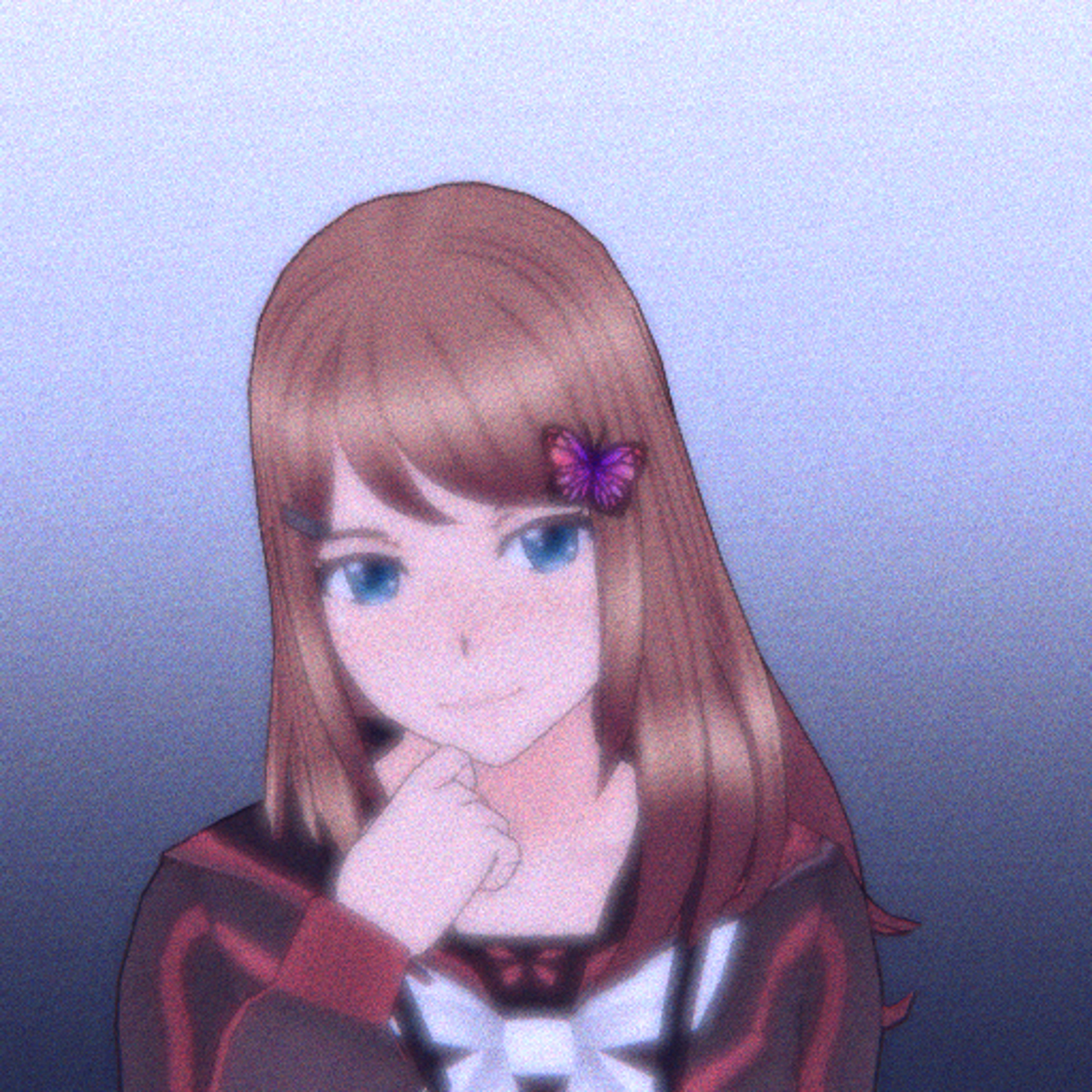 A young woman with long brown hair and blue eyes wearing a red and black outfit, looking at the camera with a slight smile.