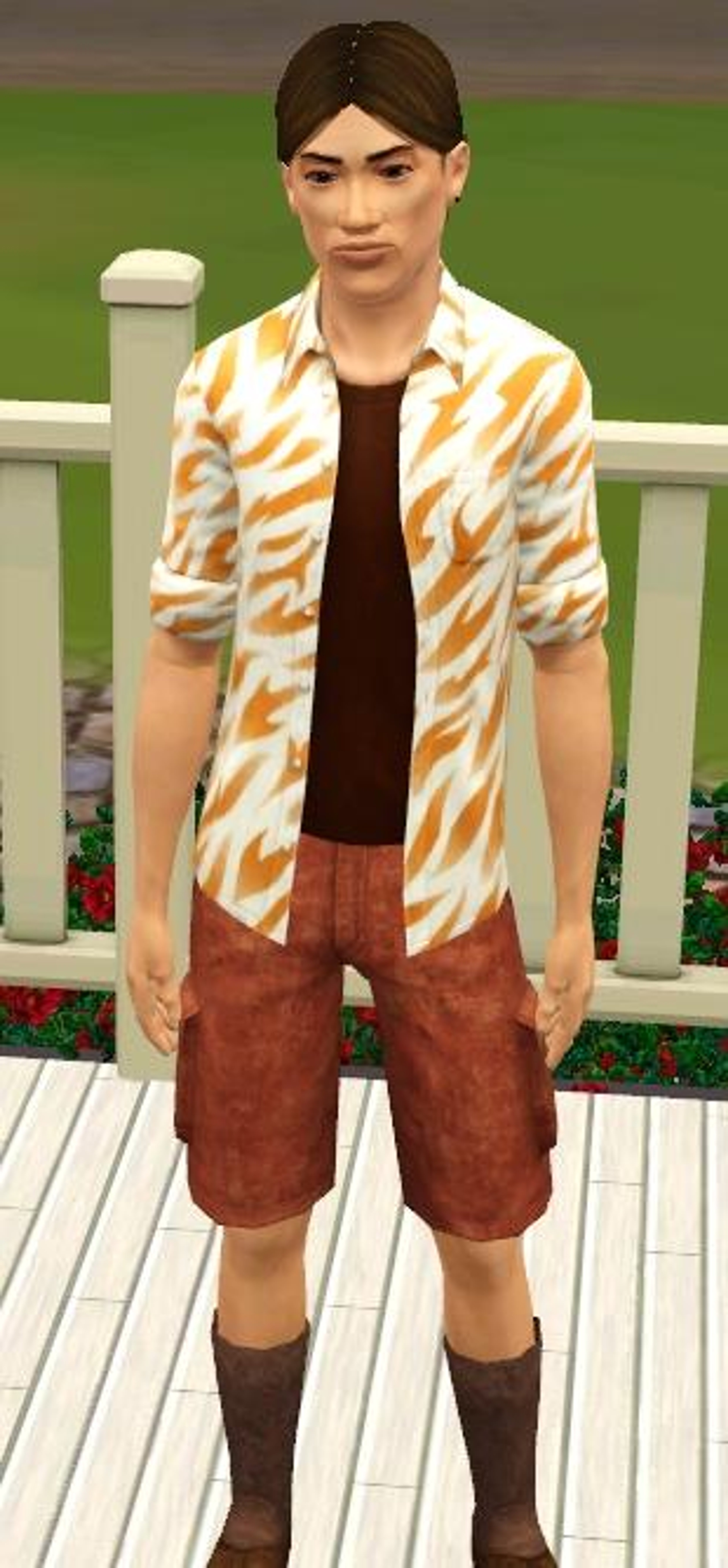 A young adult male character with short dark hair wearing a yellow and white striped shirt and brown shorts, standing in front of a white railing or fence.