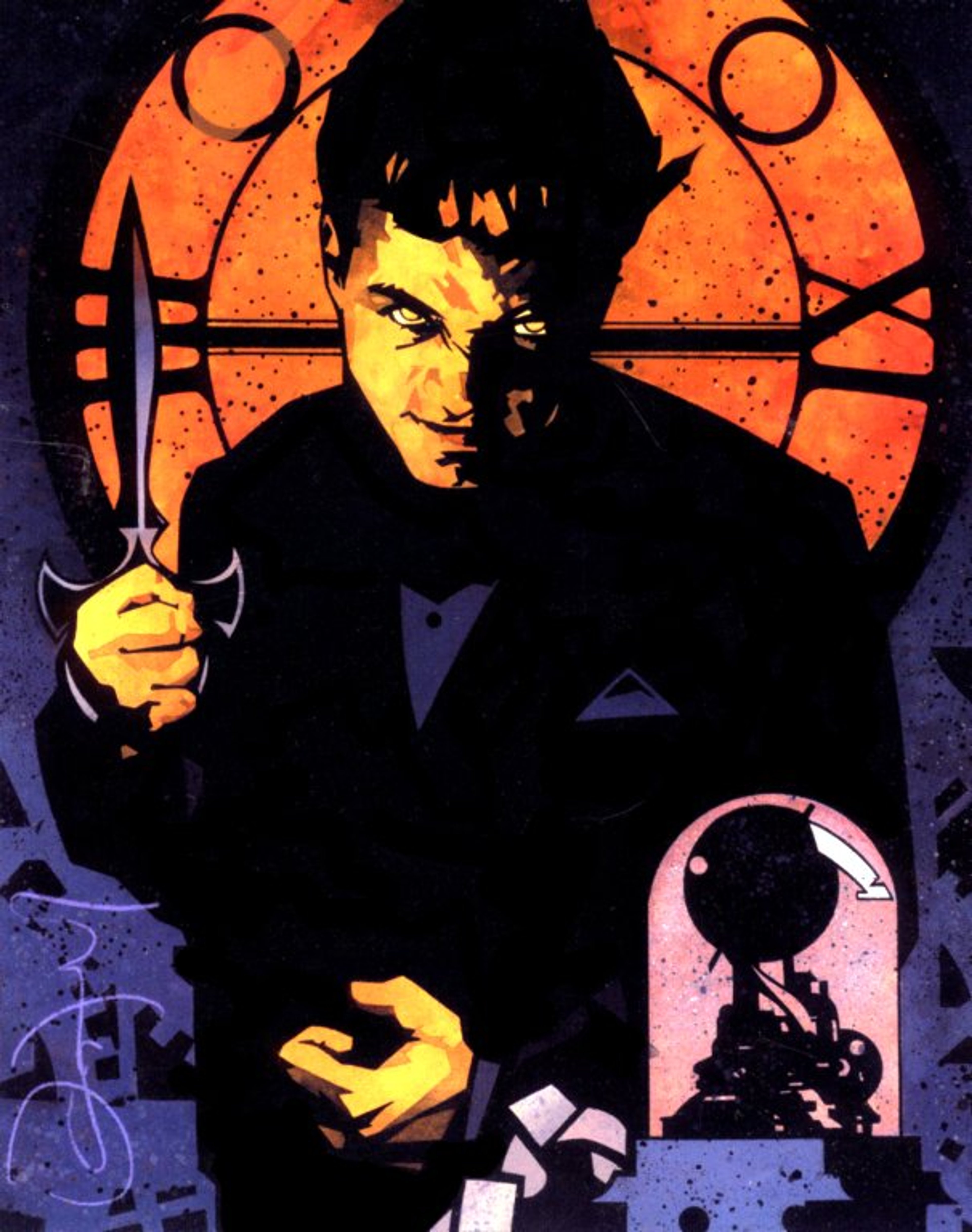 A dramatic portrait of a serious-looking man in a dark suit