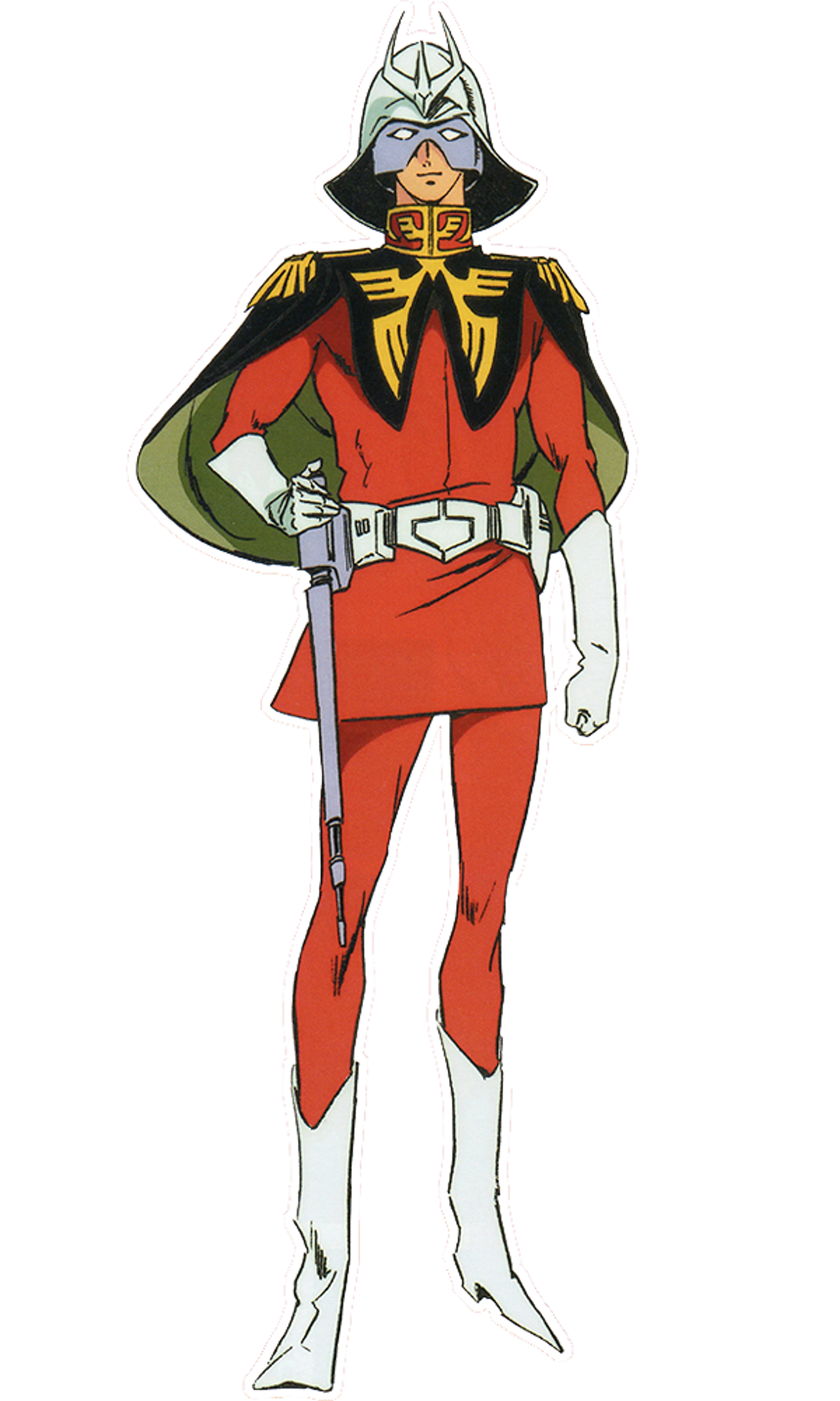 A character in a red and white suit with a distinctive helmet, holding a weapon.