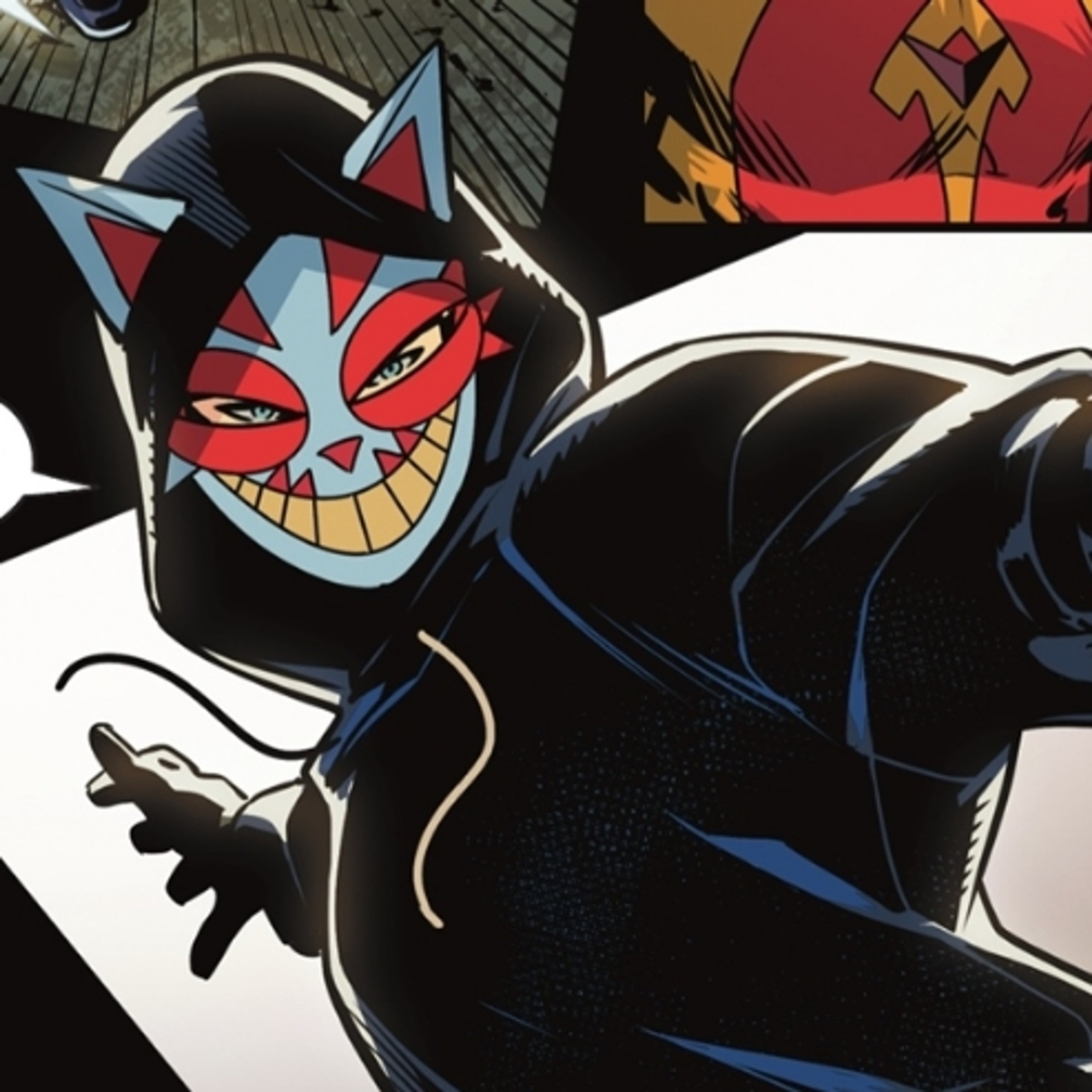 Illustration of a cat-like vigilante character in a black and red costume