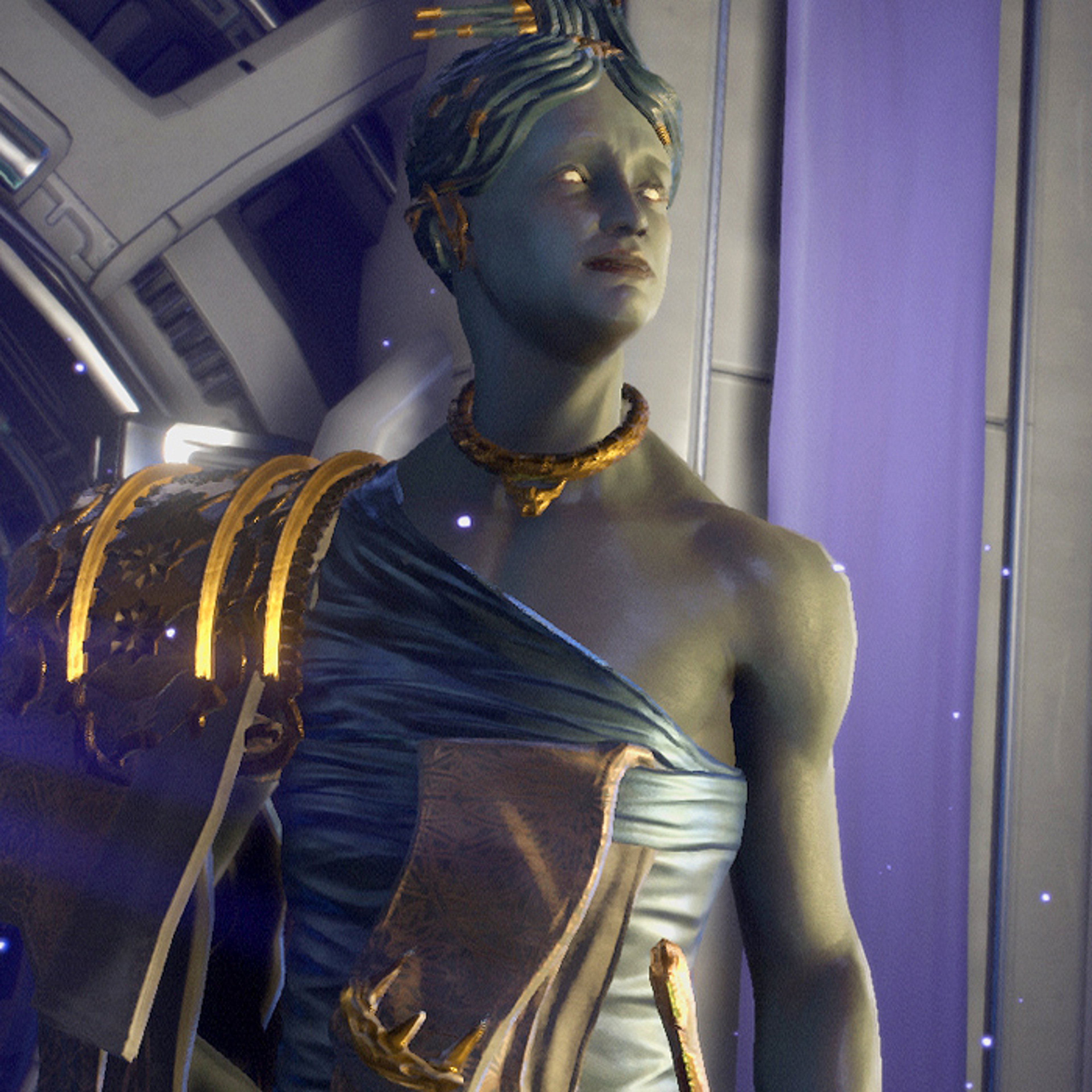 A tall, elegant Orokin figure with distinctive features