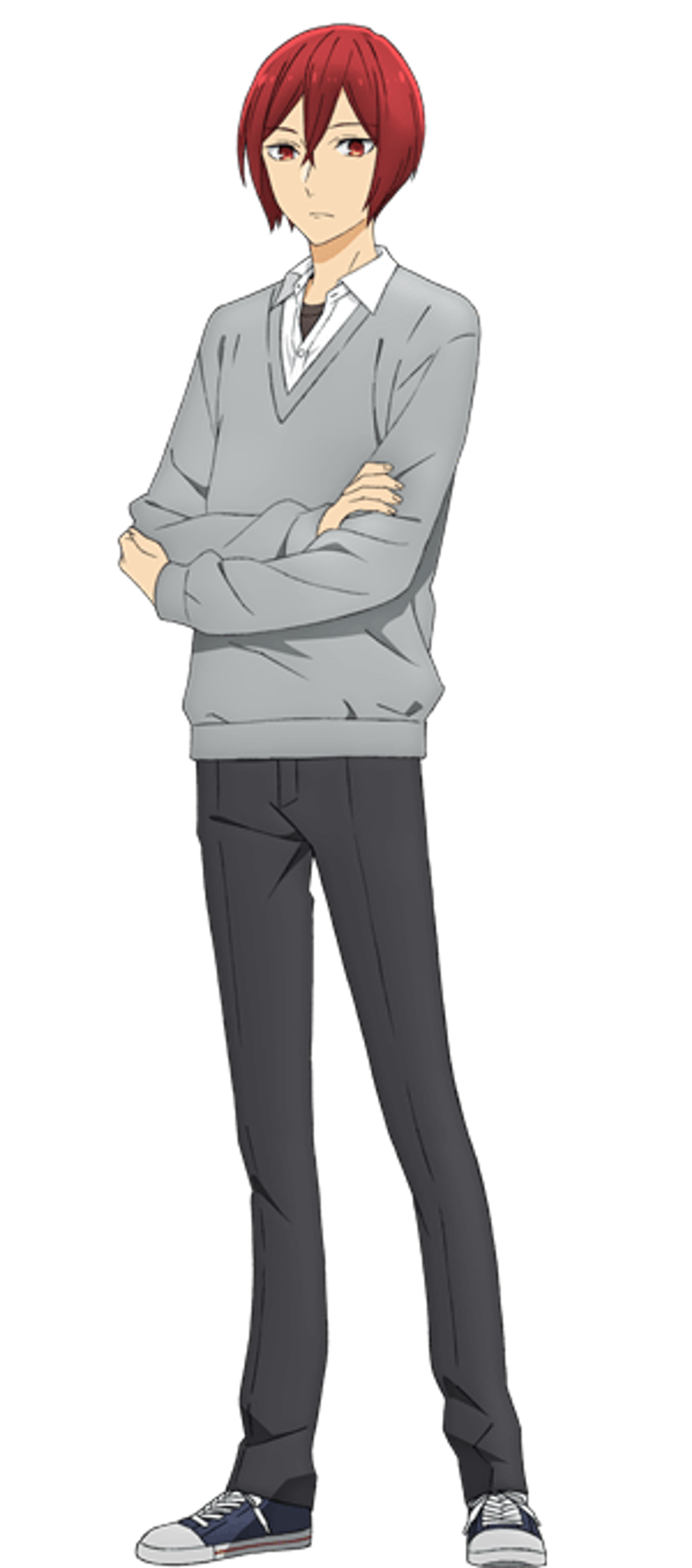 A young man with red hair wearing a gray sweater and dark pants, standing with his arms crossed.
