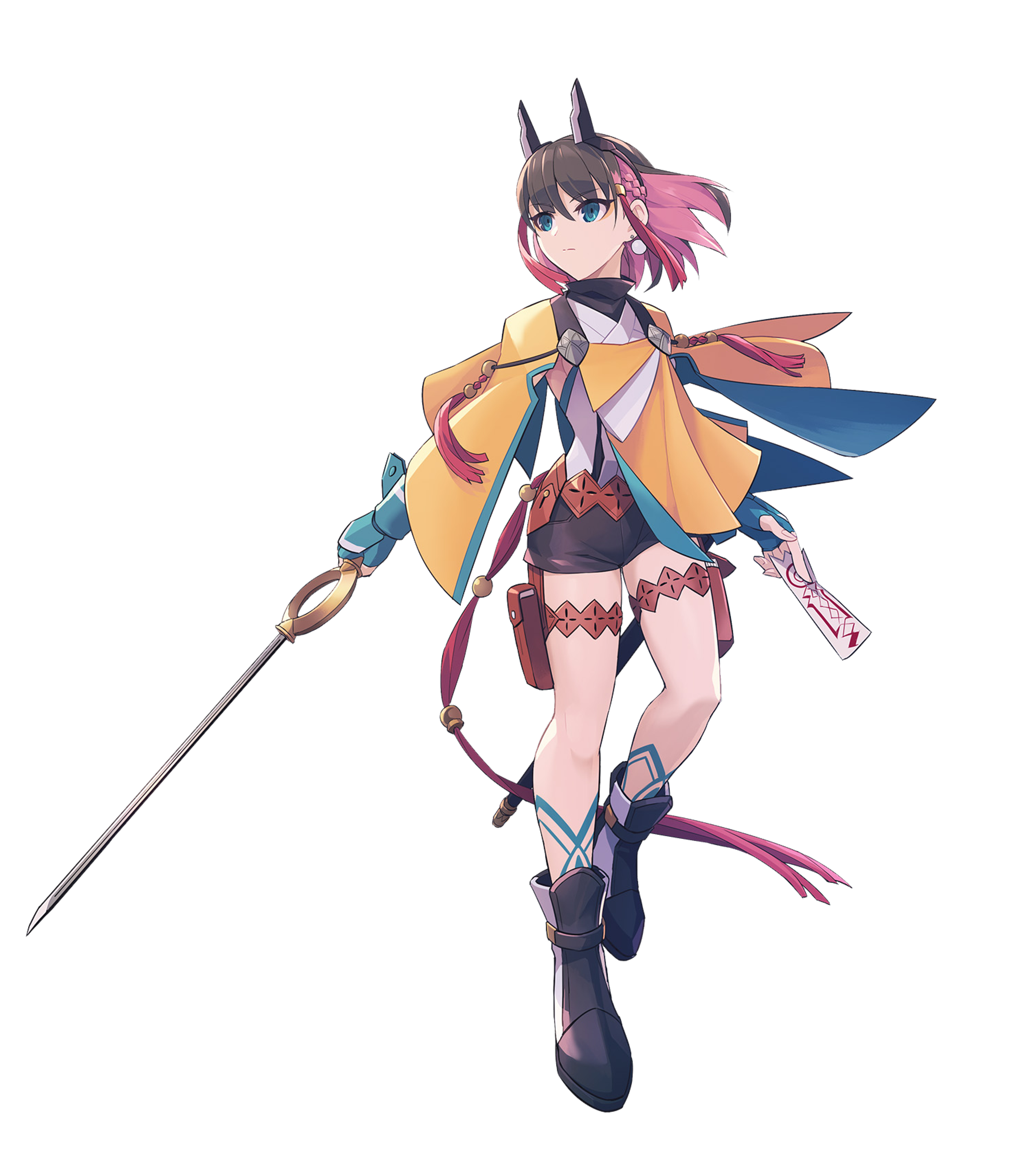 A female battle priestess character with dual-colored hair, green eyes, and a unique weapon combining a sword and staff.