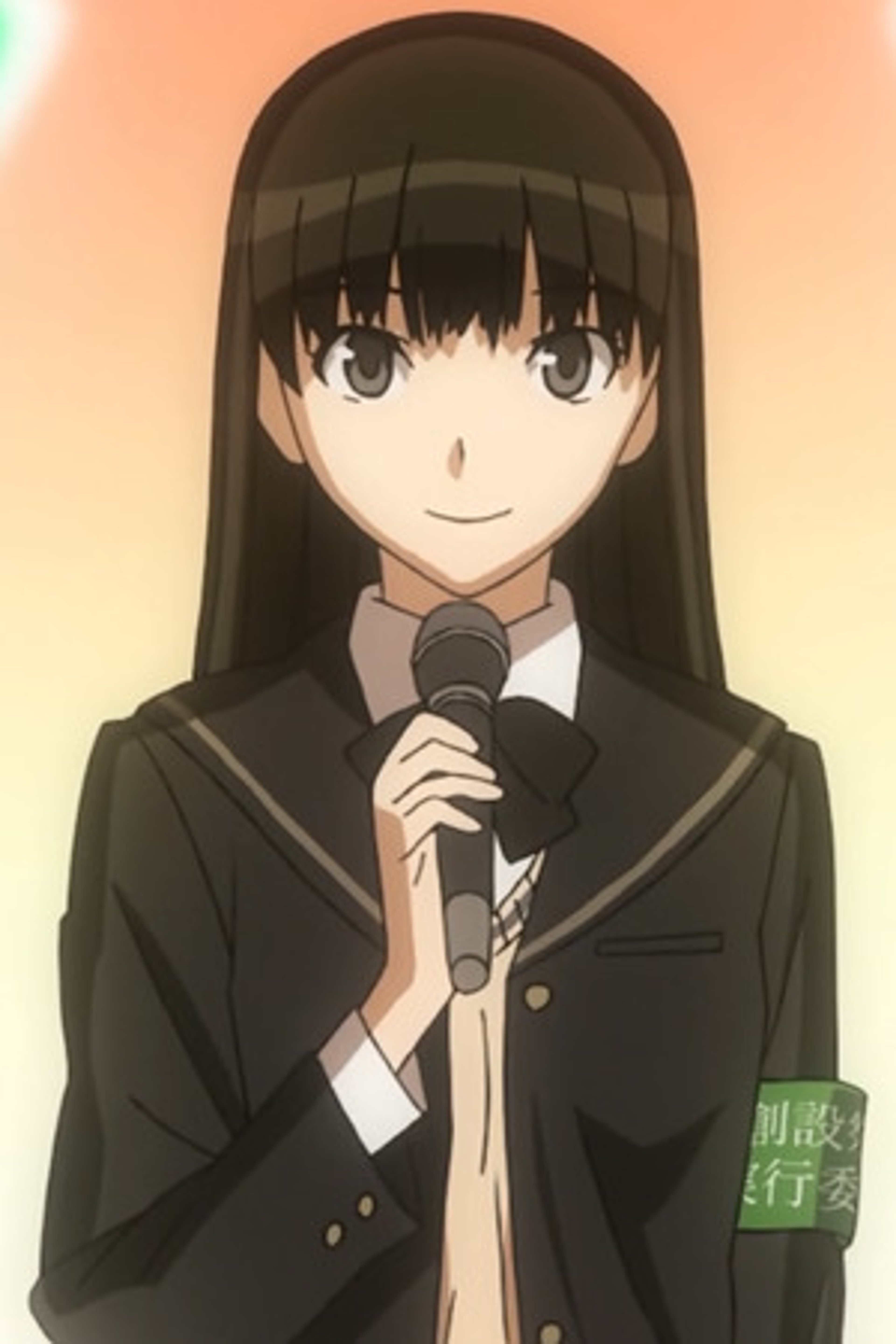 An anime-style character in a school uniform holding a microphone