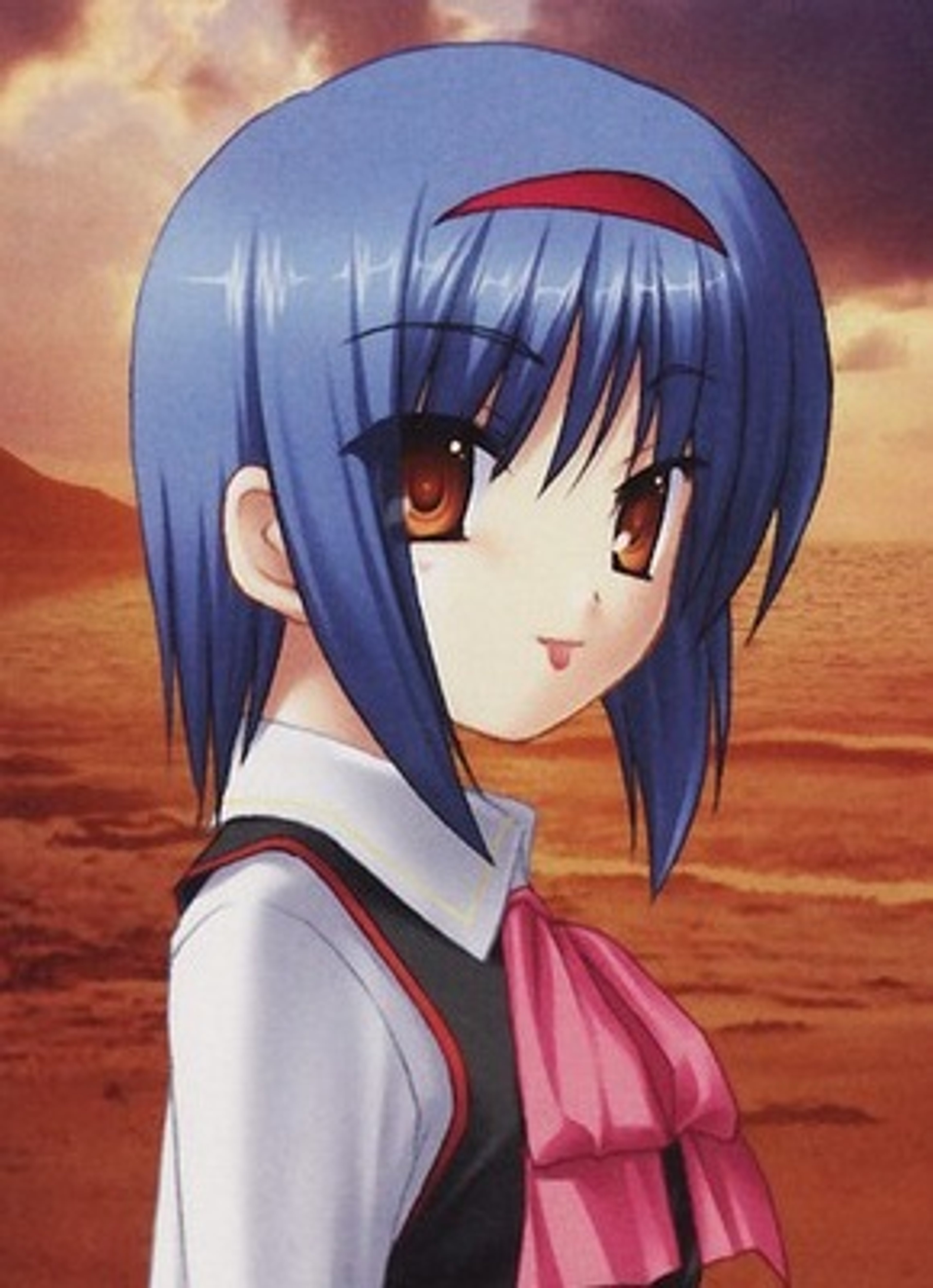 An anime-style character with blue hair and red eyes wearing a pink and white outfit in an outdoor setting