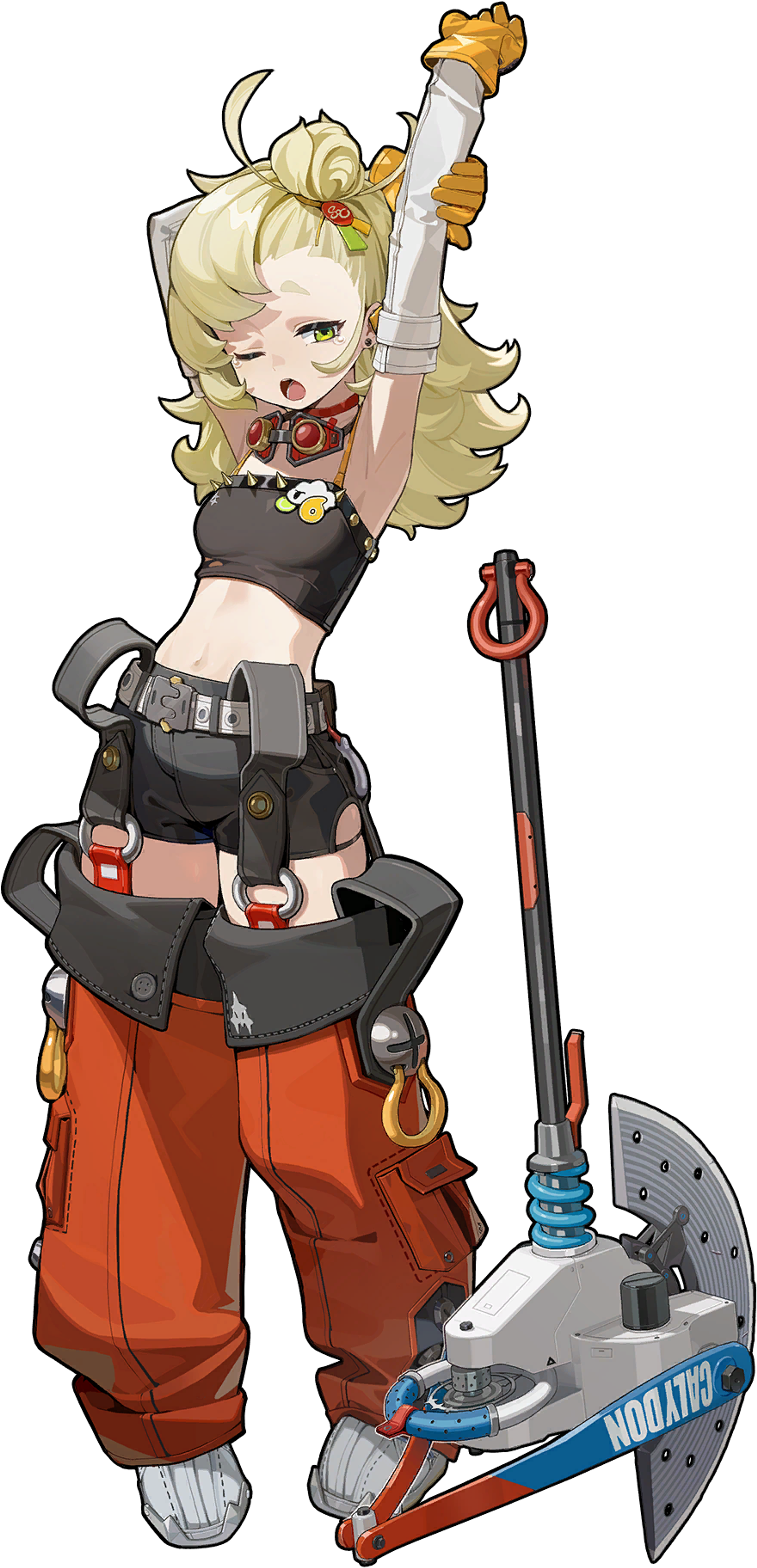 A young woman with blonde hair in twin buns, wearing a black and orange outfit with mechanical elements, holding a large weapon or tool.
