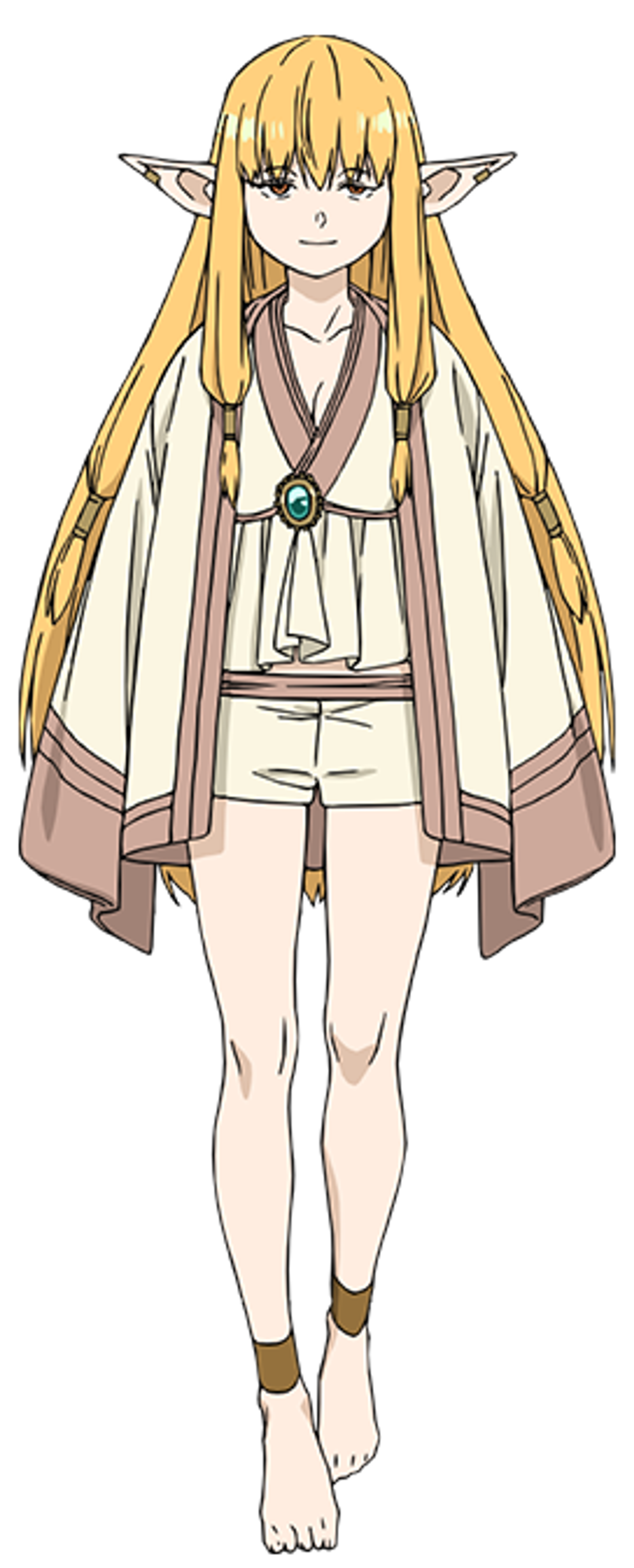 An anime-style female elf mage with long blonde hair and a white and pink robe.