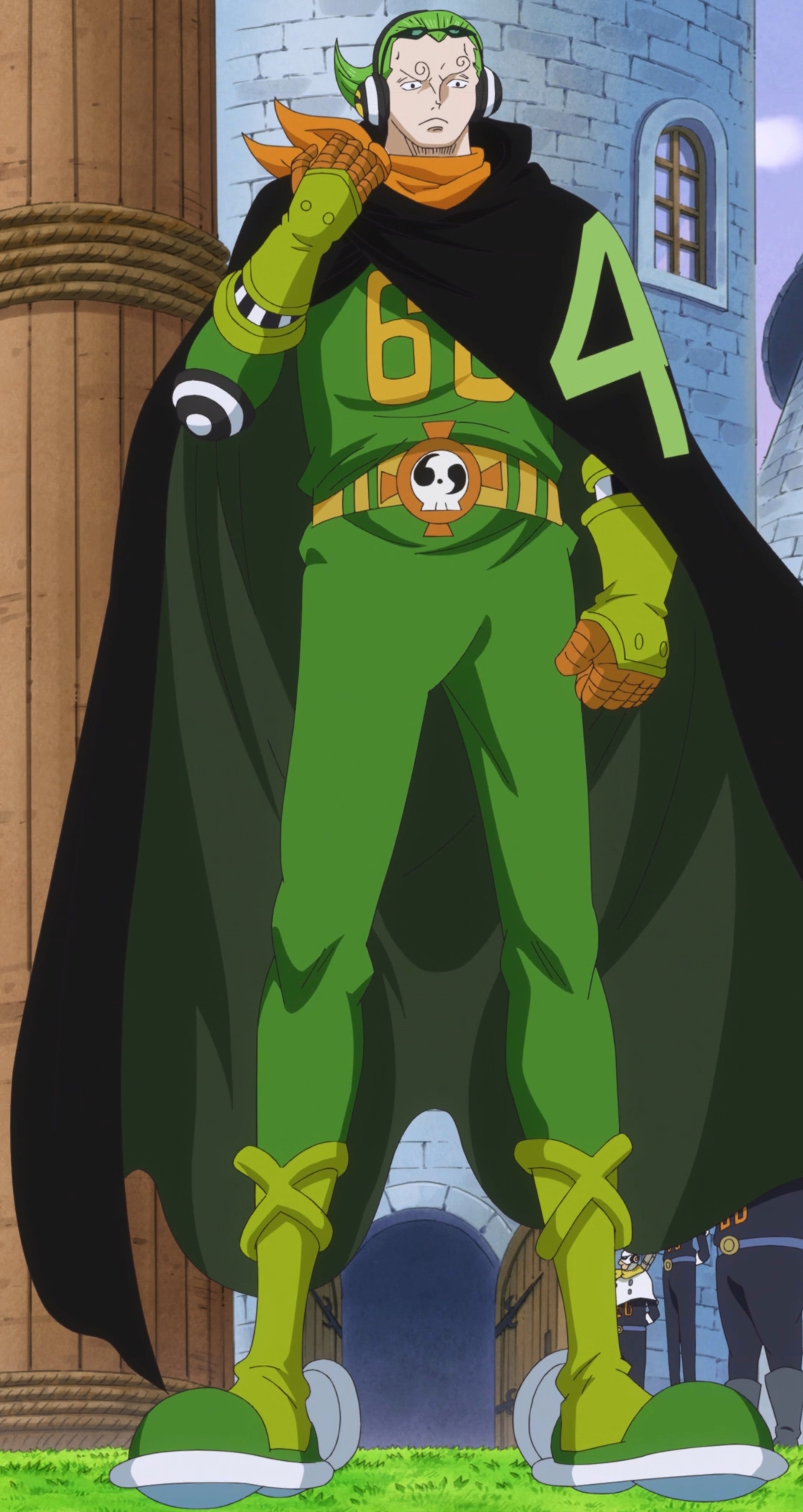 A muscular, green-haired character with curly eyebrows wearing a black outfit with the number '64'