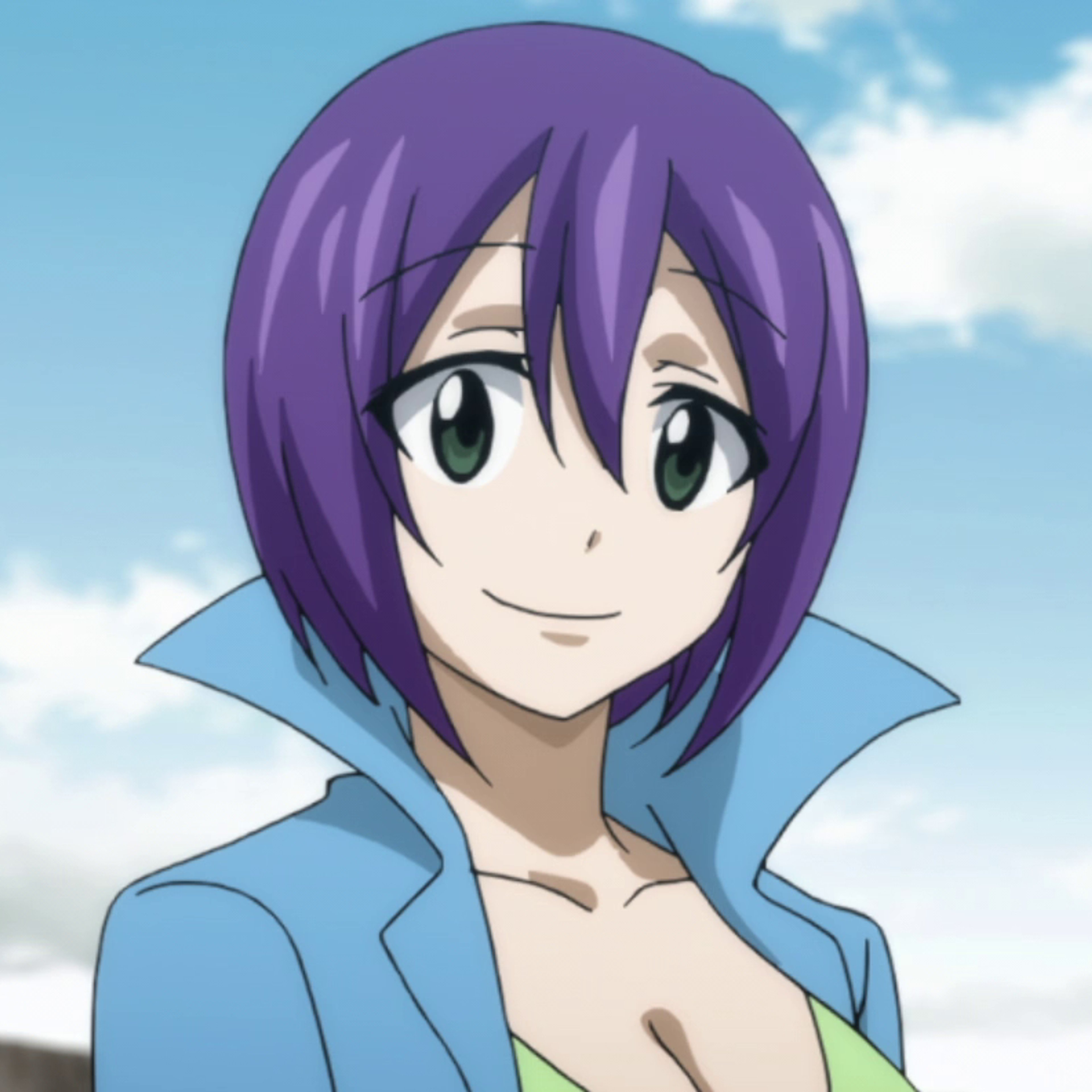 A young woman with purple hair and green eyes wearing a light blue jacket