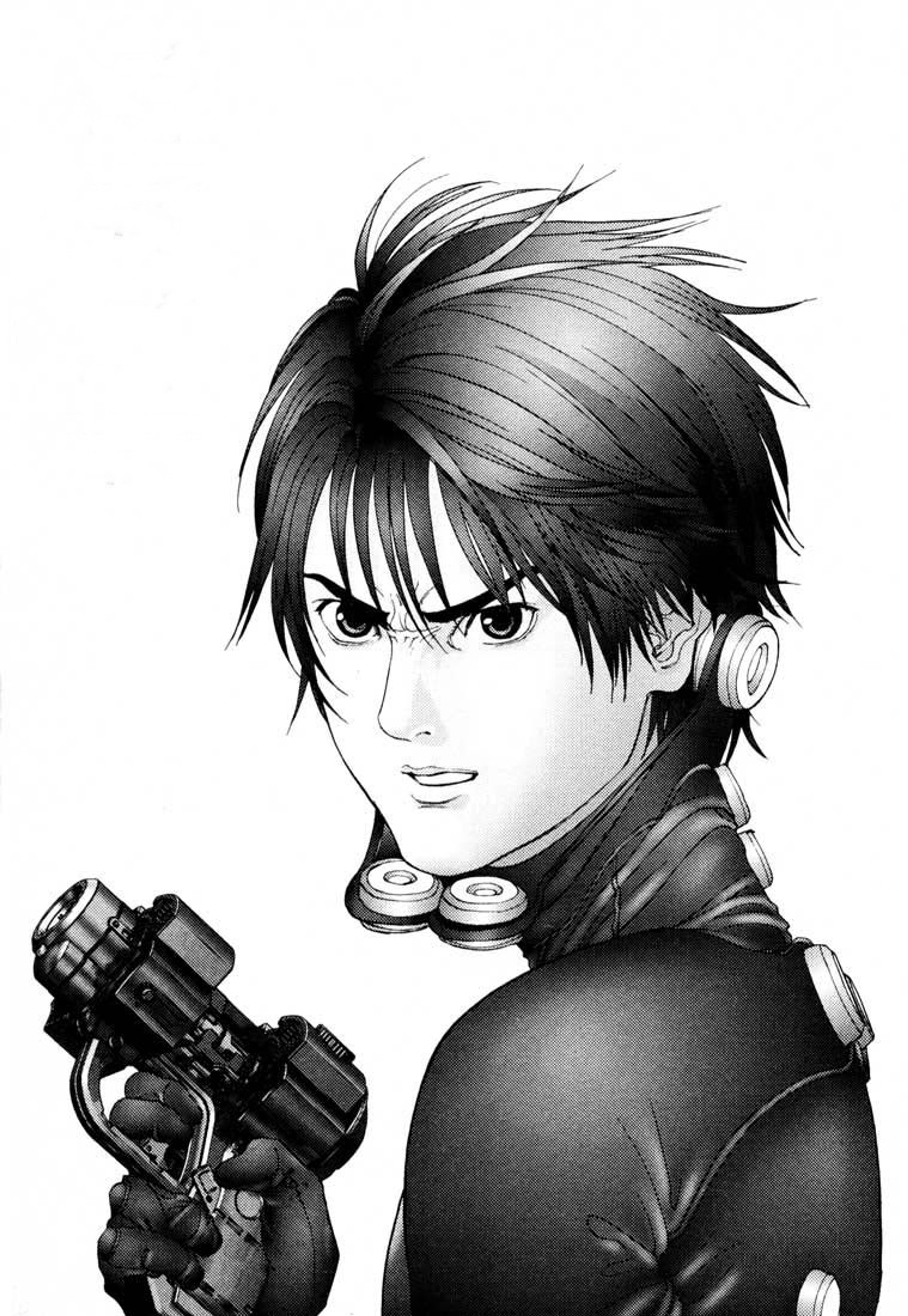 A young male anime-style character with dark hair and a serious expression, holding a weapon or device.