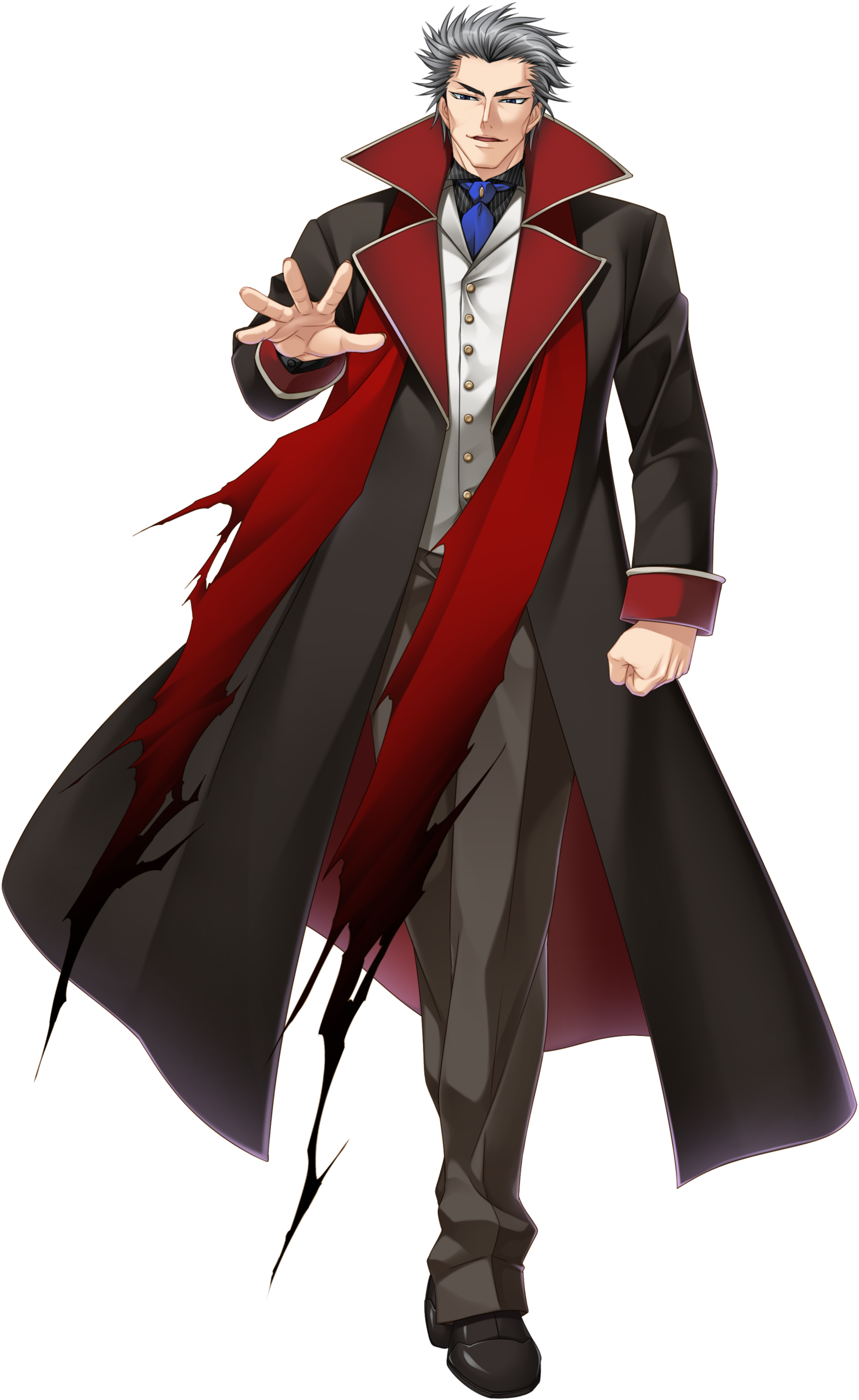 A tall, imposing figure in a red coat and dark suit, with white hair and aristocratic features.