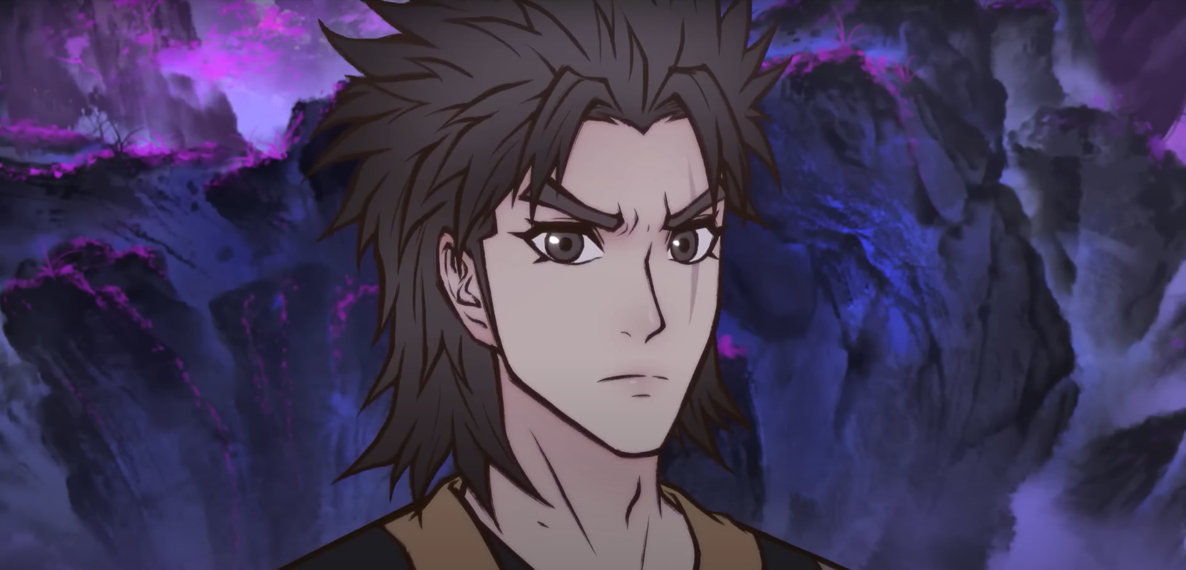 A warrior with shoulder-length brown hair and a scar over his left eye, wearing black, red, and gold clothing.