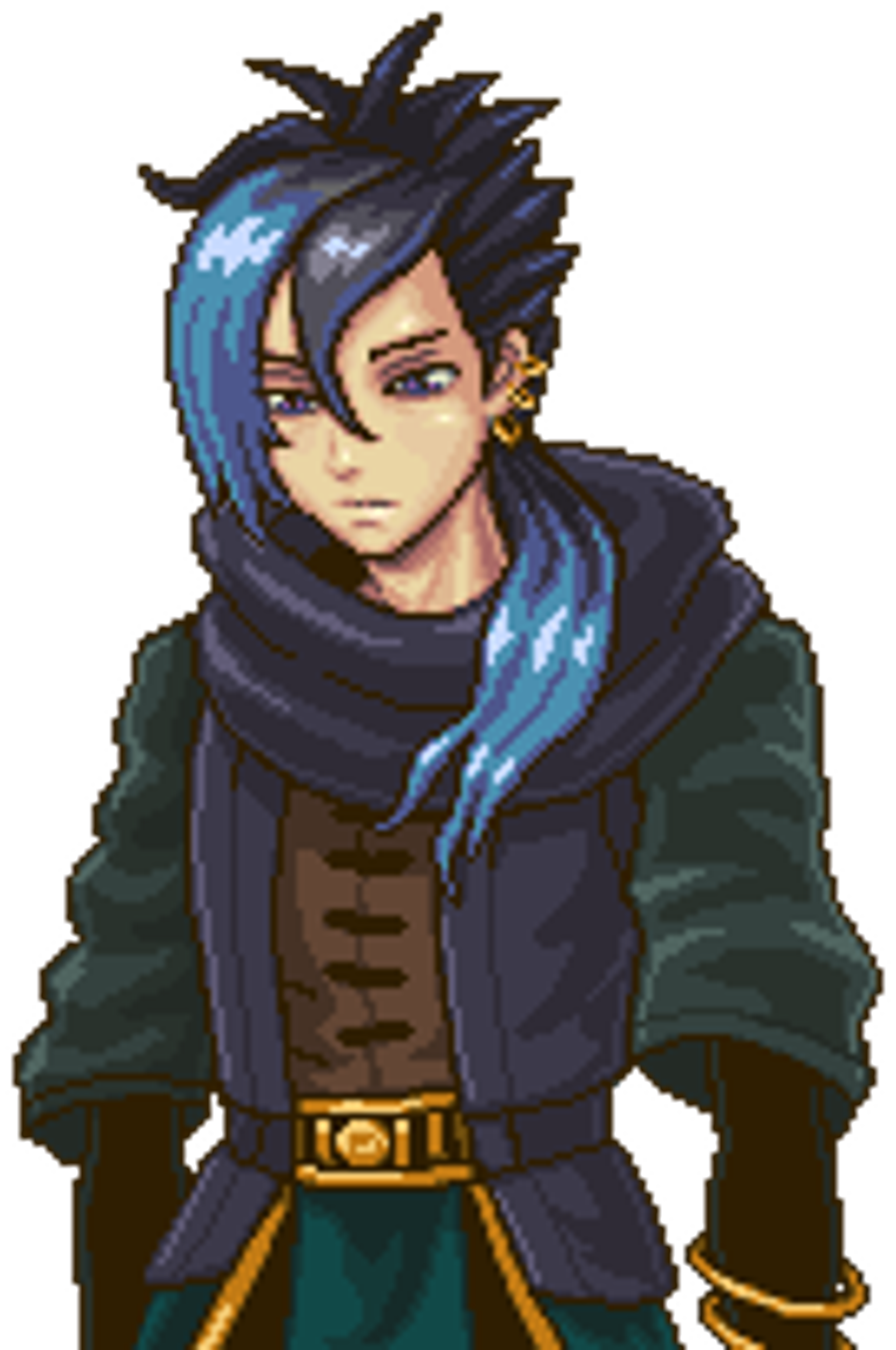 A young man with dark hair and blue highlights wearing a dark green jacket and scarf