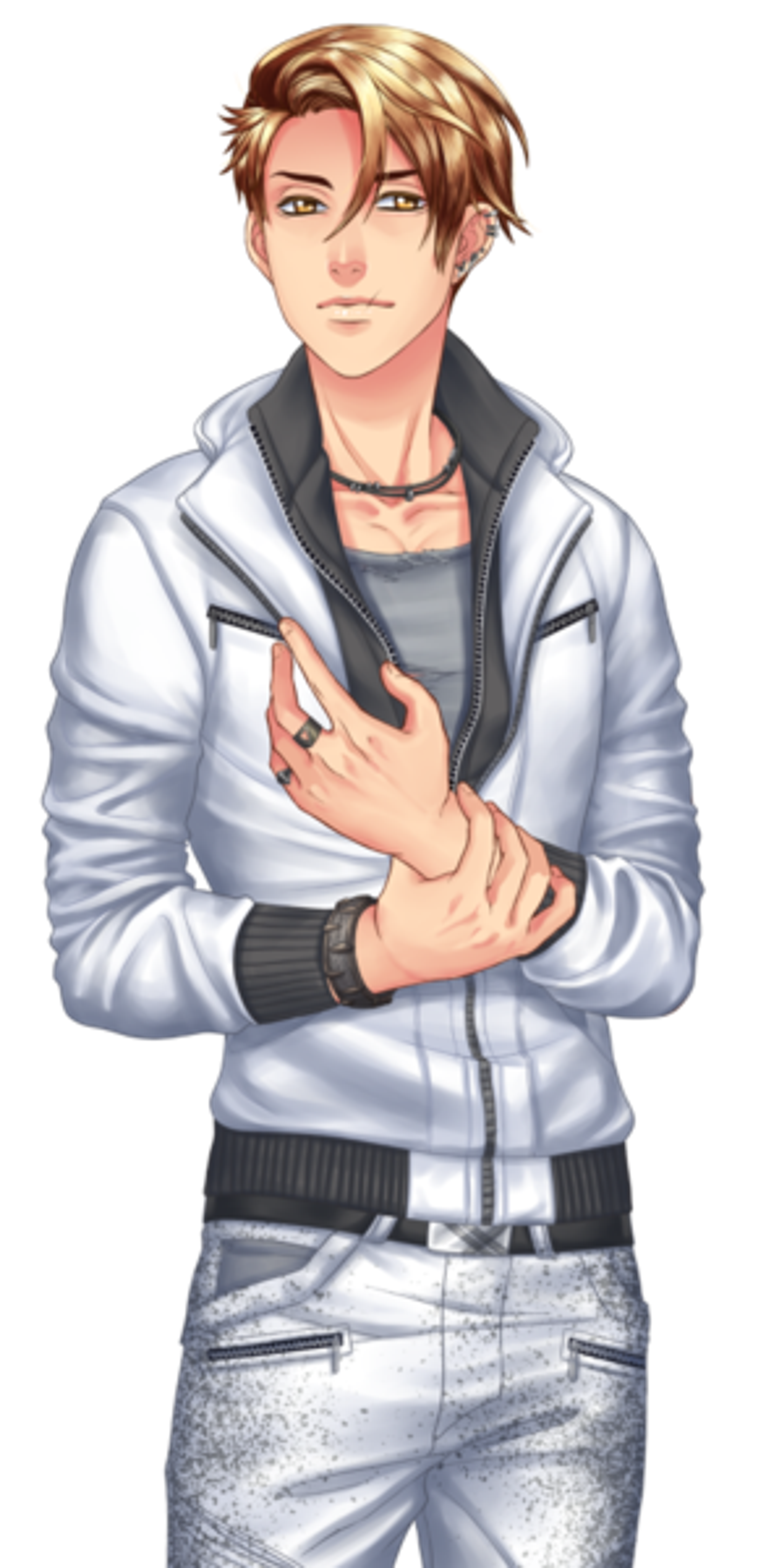 A young man with blonde hair and golden eyes wearing a white jacket