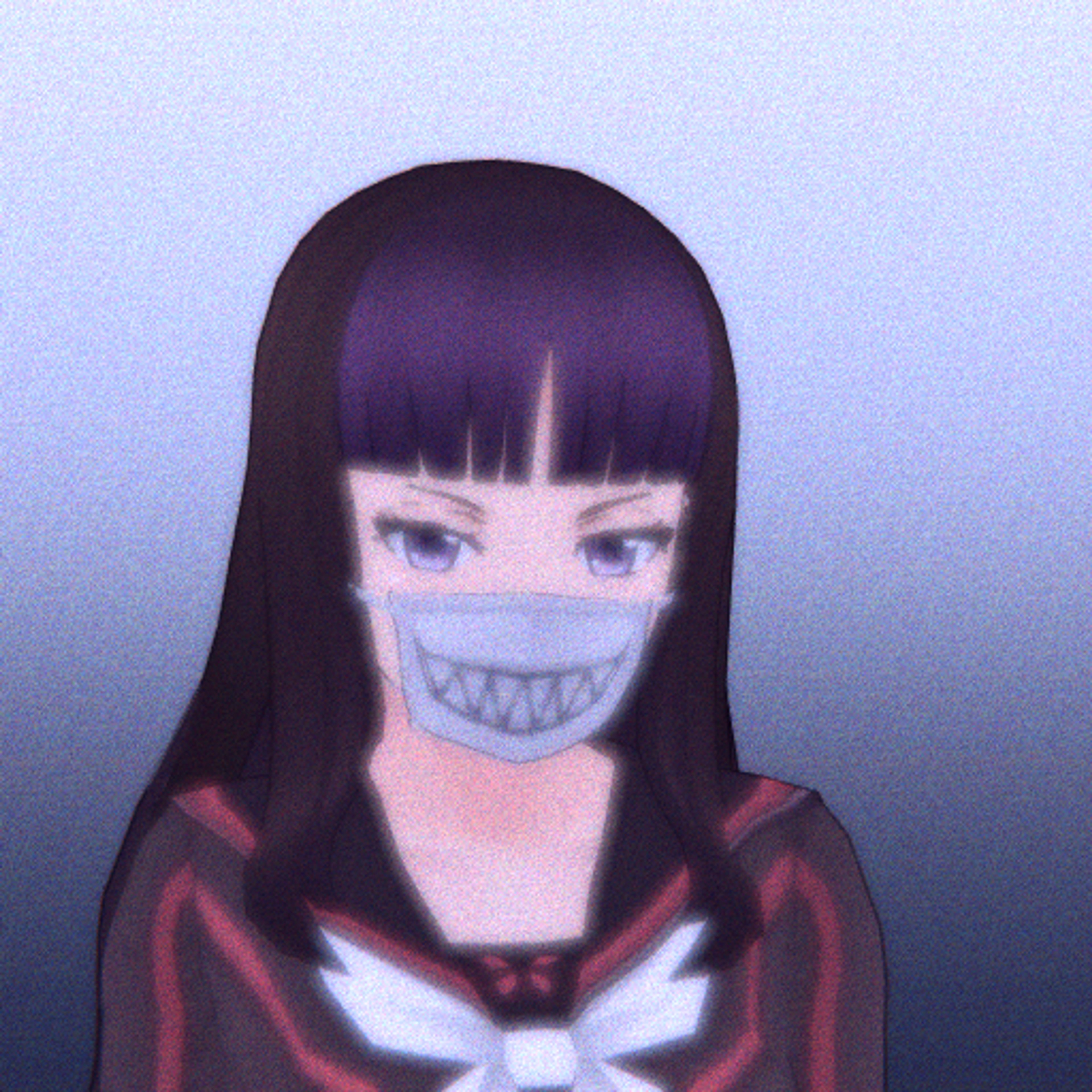 An anime-style character with purple-dyed hair and a gray surgical mask with razor teeth drawings
