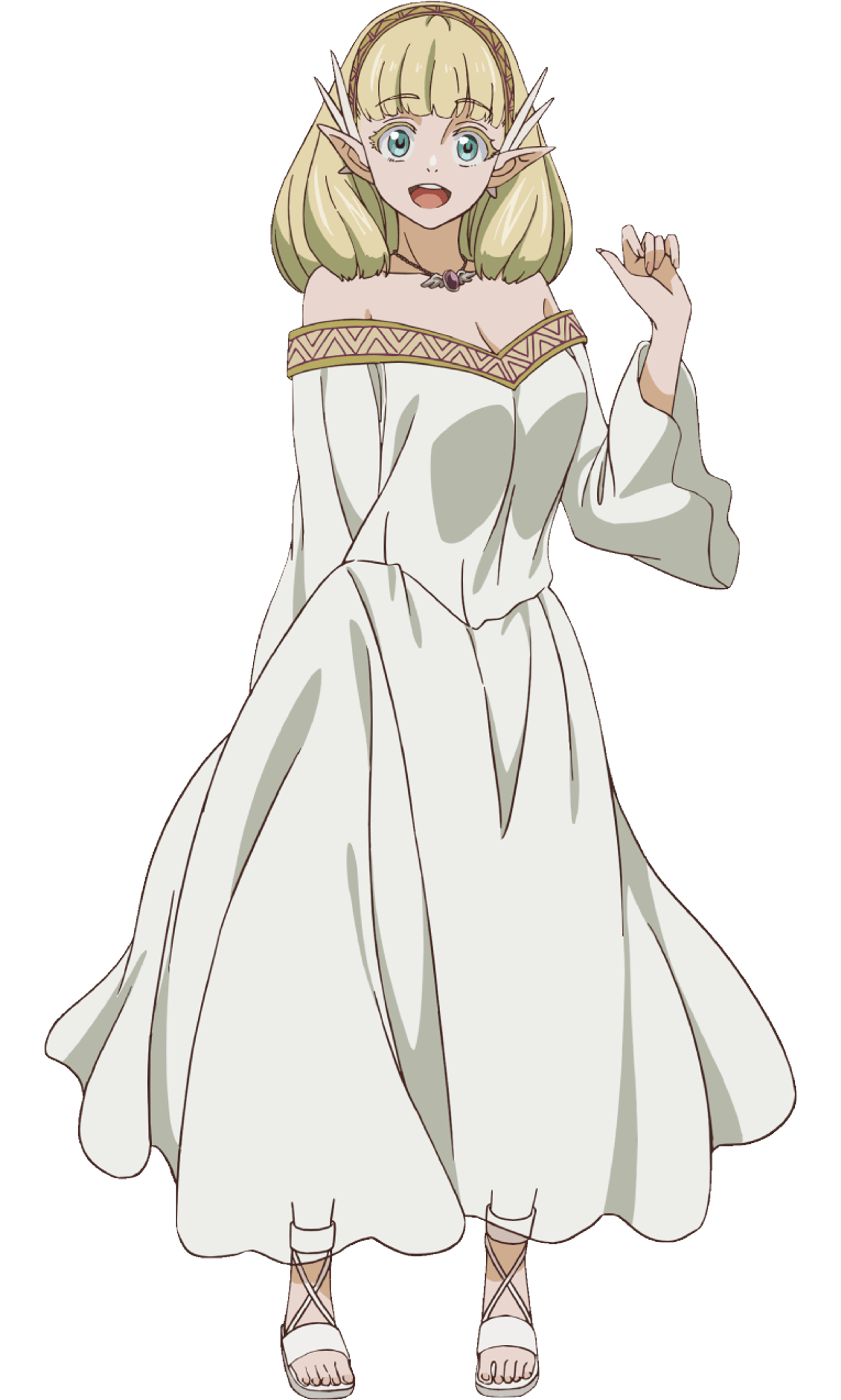 An elf princess with blonde hair and blue-green eyes wearing a long white dress