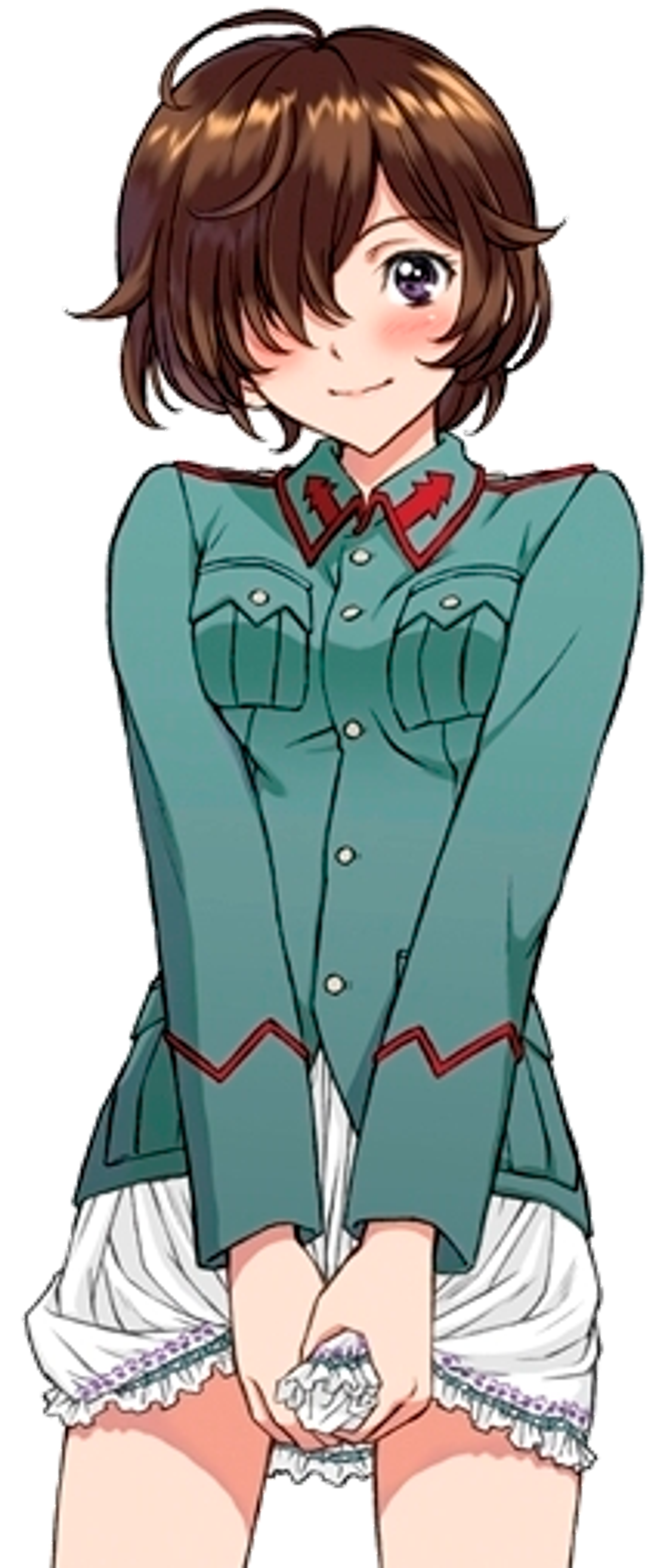 An anime-style character with short dark brown hair, purple eyes, and a military-style uniform, suggesting she is a tank commander.