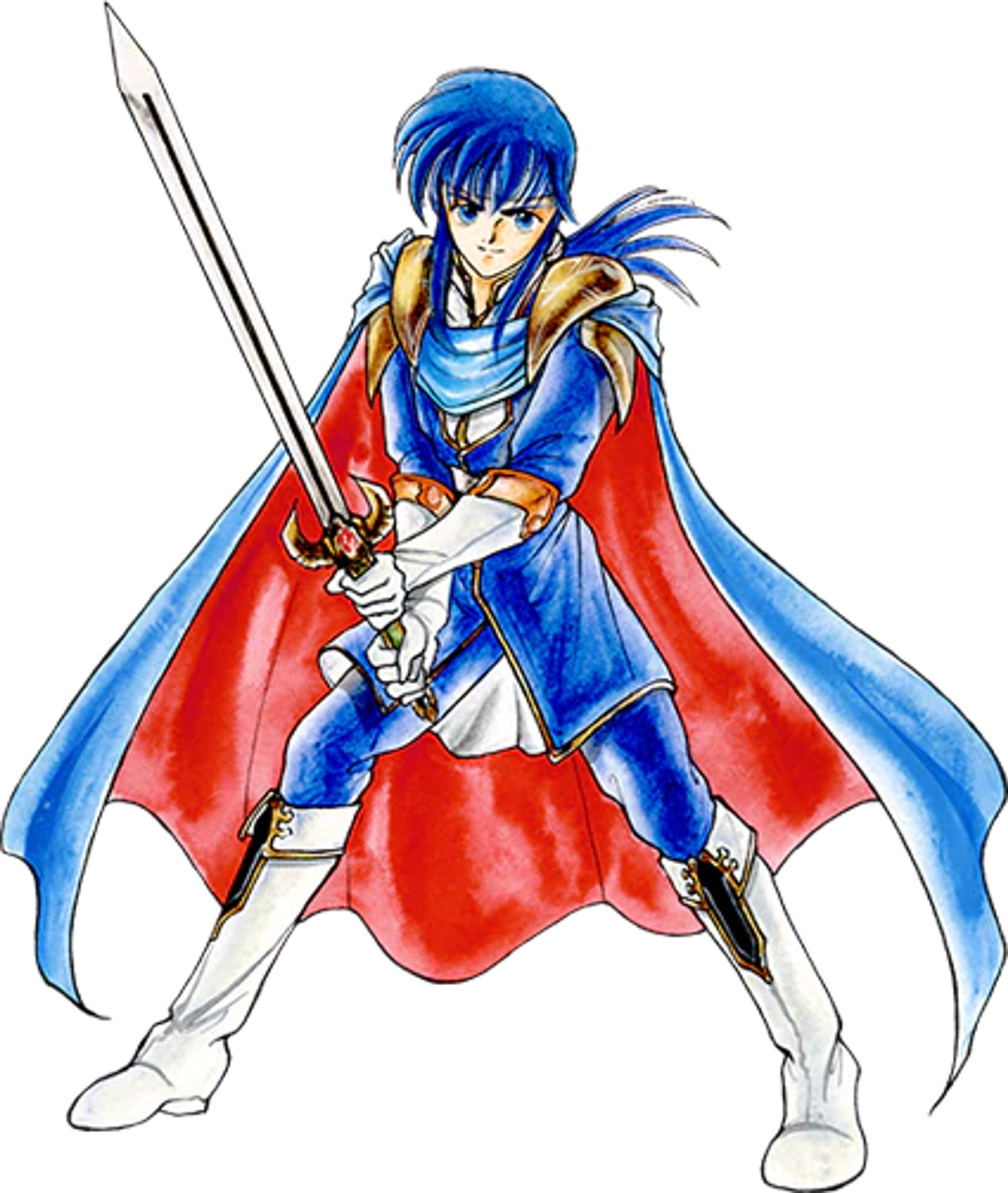 A young, blue-haired male character in a heroic pose, wielding a sword and wearing a red cape.