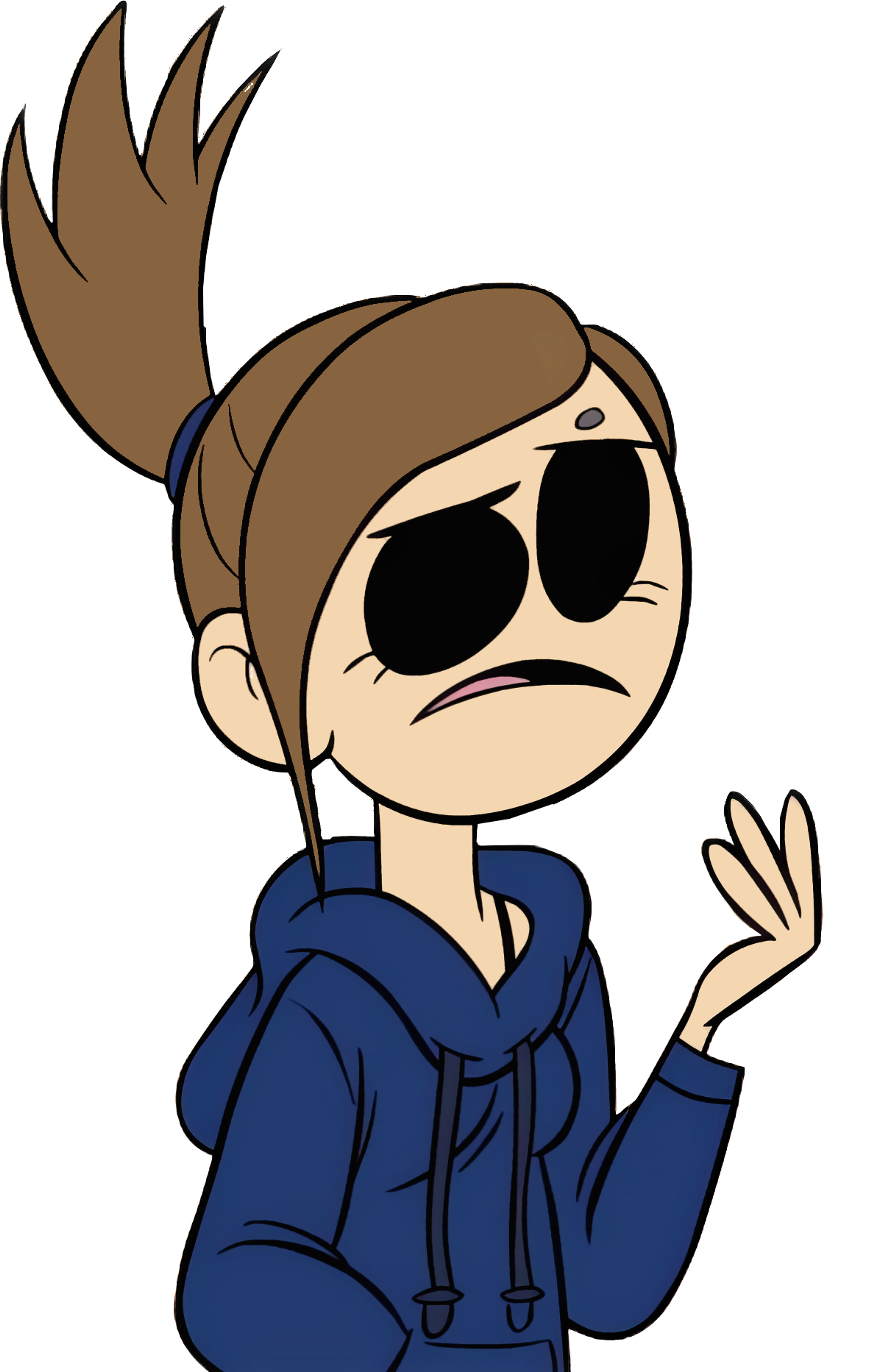 A cartoon character named Tamara, the female counterpart of Tom from Eddsworld, with brown hair, a blue hoodie, jeans, and sneakers.