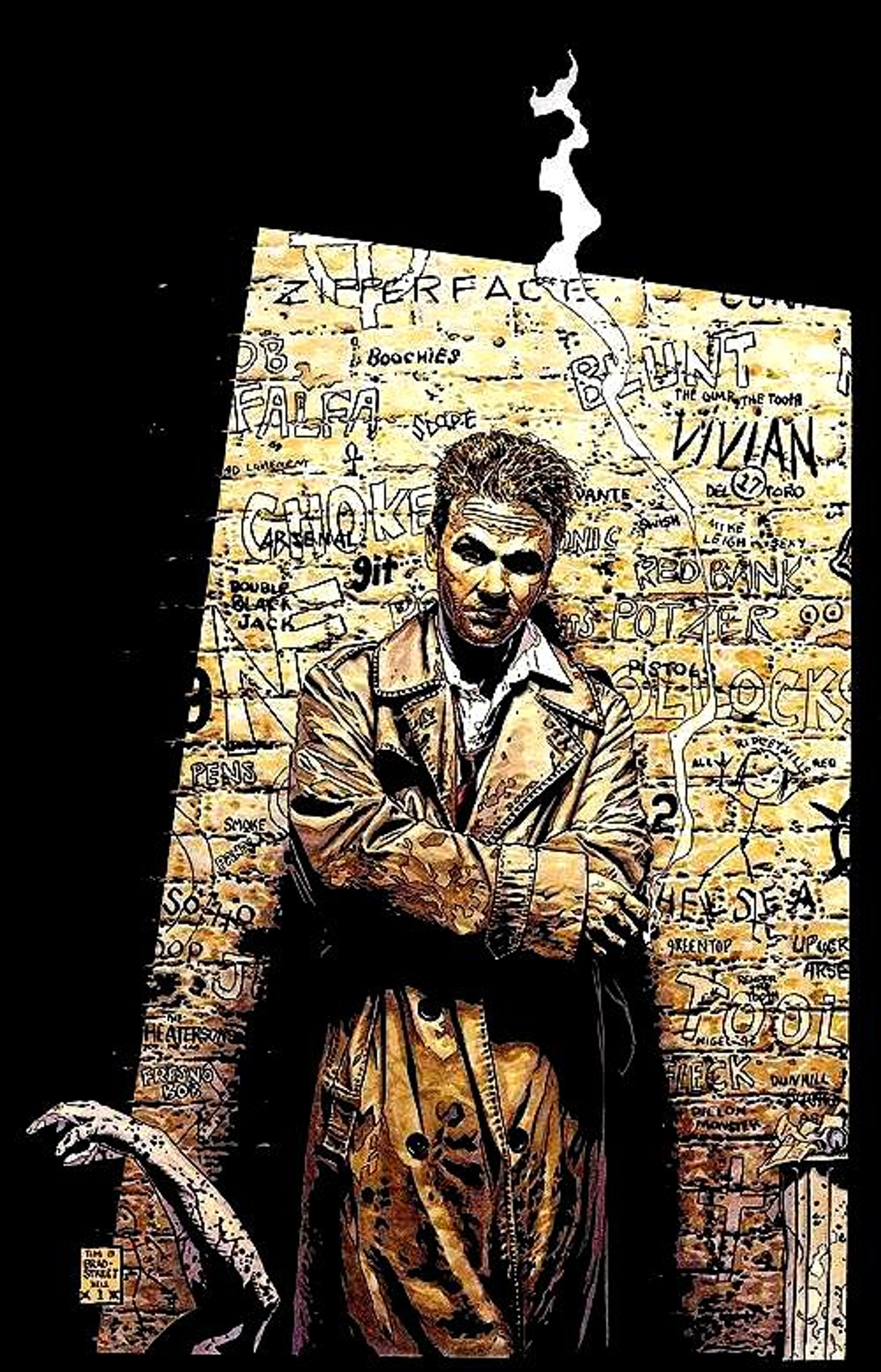 A man in a trenchcoat standing in front of a graffiti-covered wall