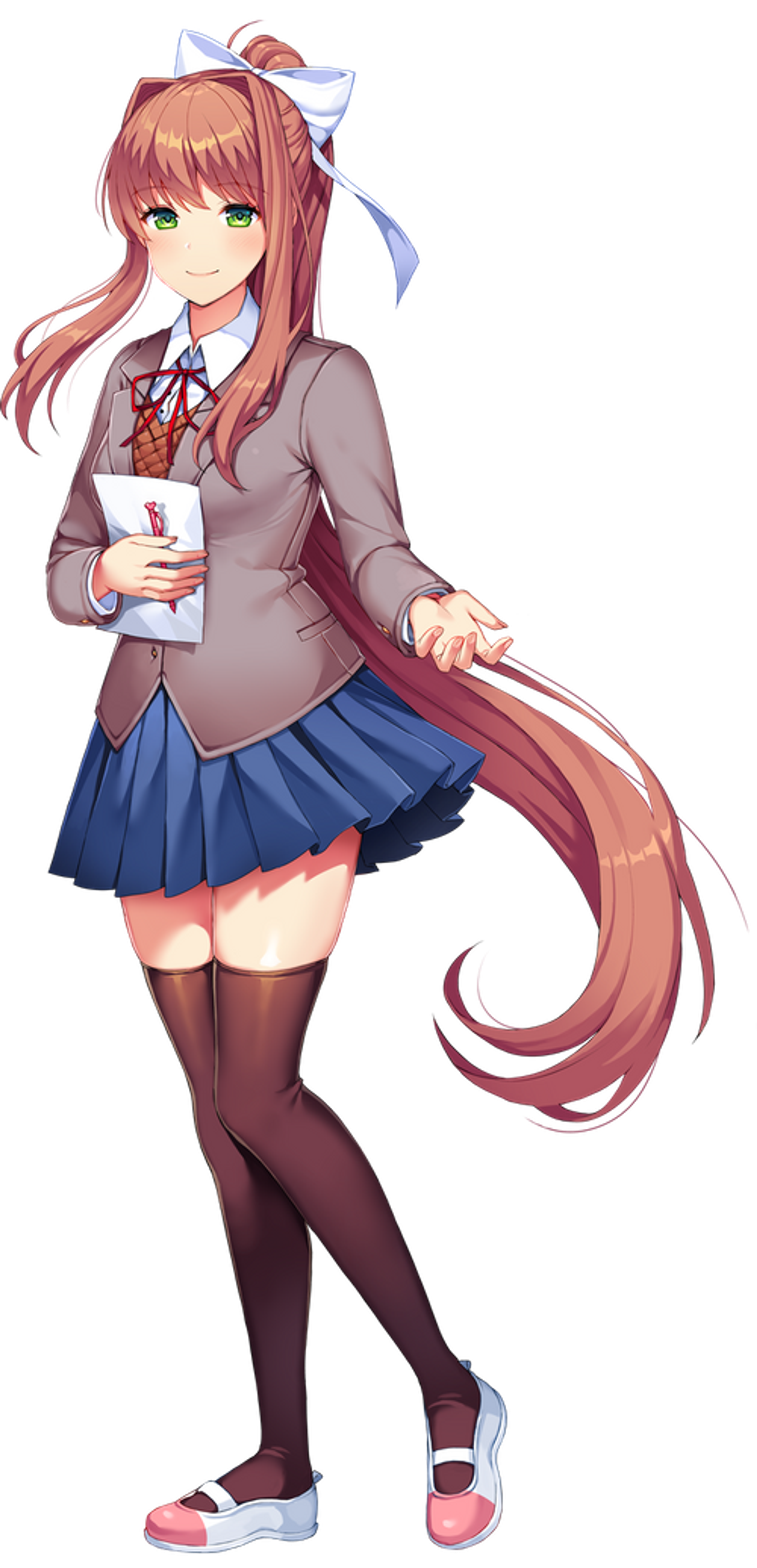 An anime-style character with long reddish-brown hair and green eyes, wearing a gray school uniform with a blue skirt and a bow in her hair, holding a small book or notebook.