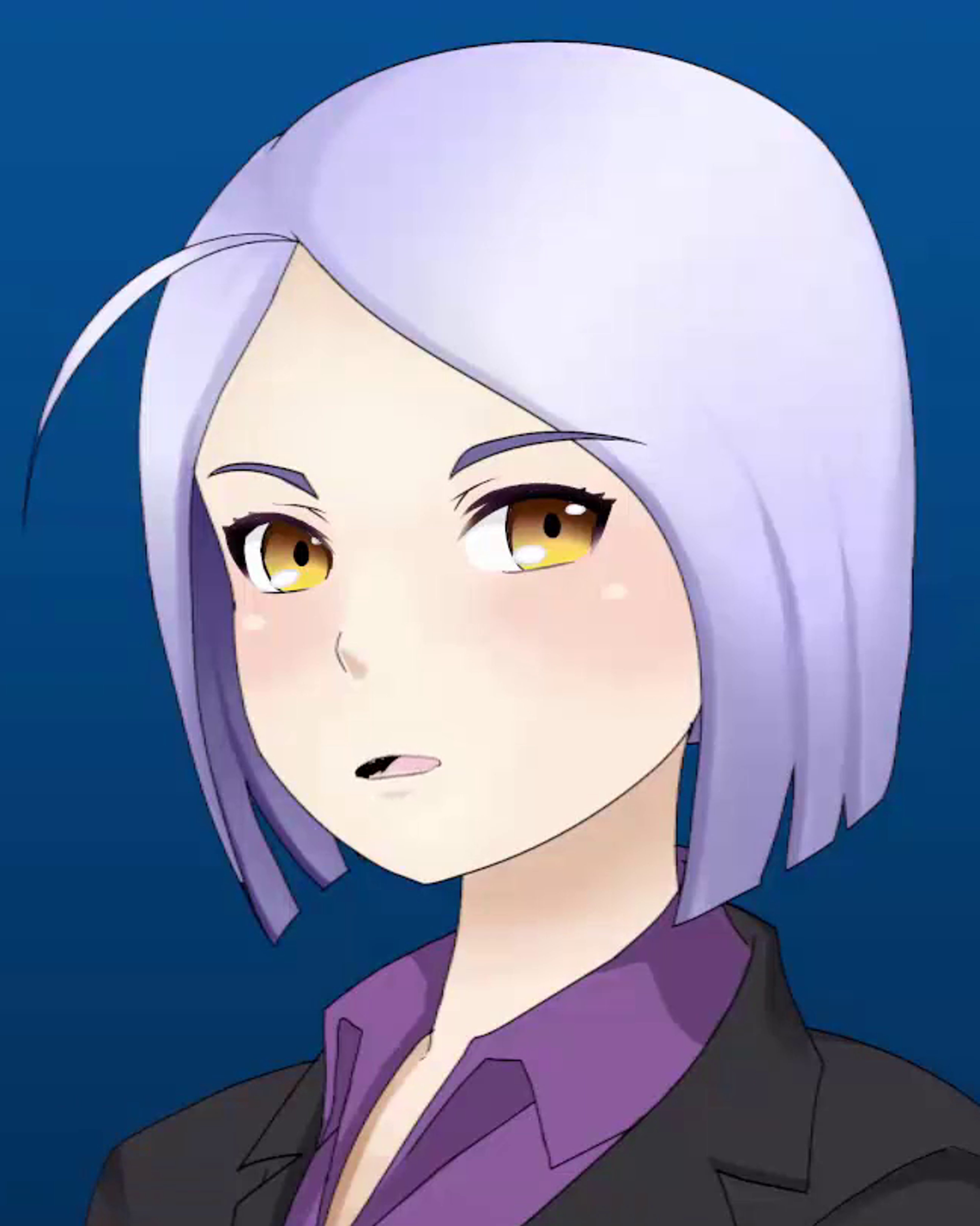 A professional-looking news reporter with white and purple hair