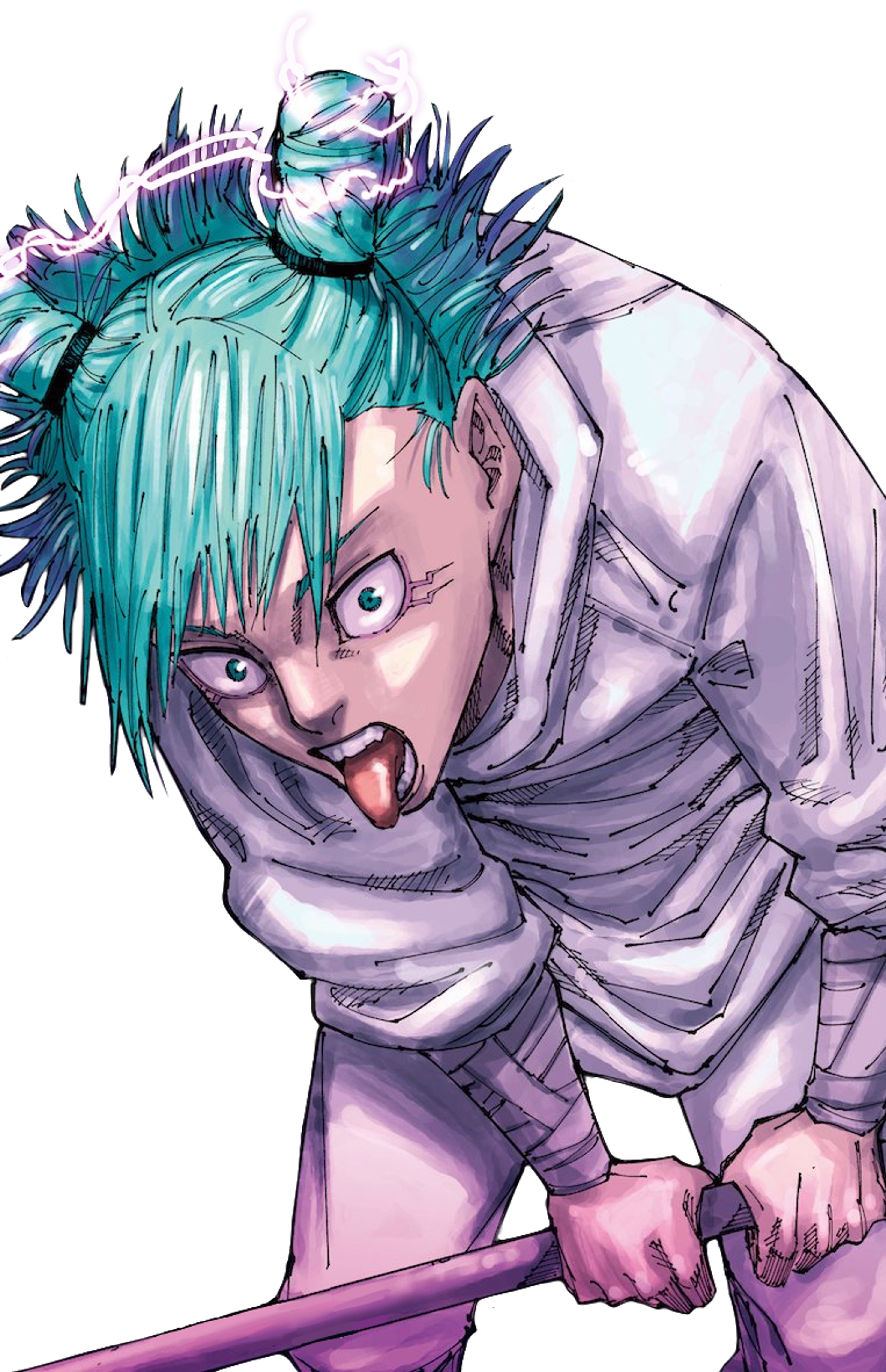A powerful jujutsu sorcerer with cyan hair and a commanding presence