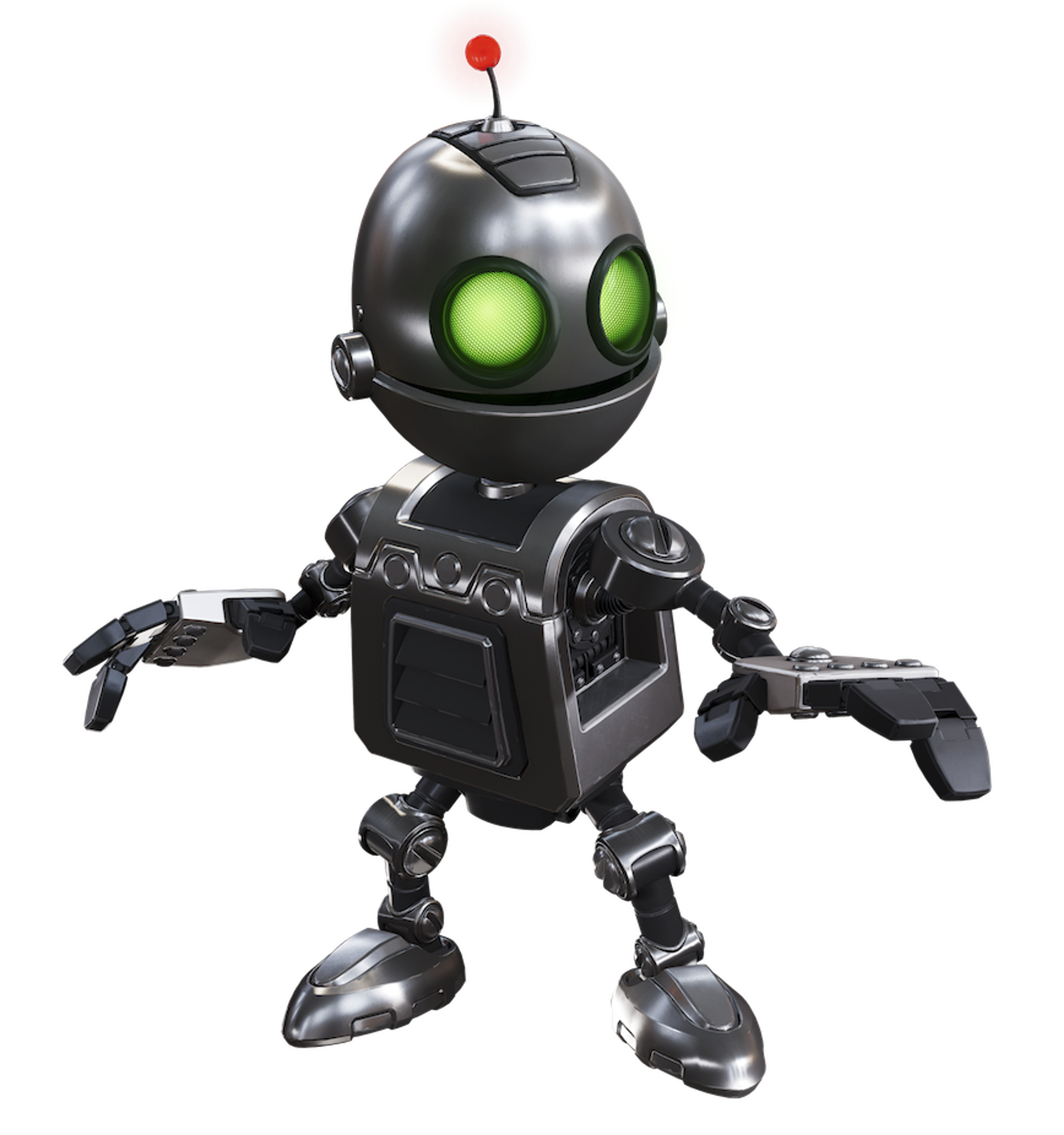 A small, robotic character with a spherical body, large green eyes, and a red antenna on its head.