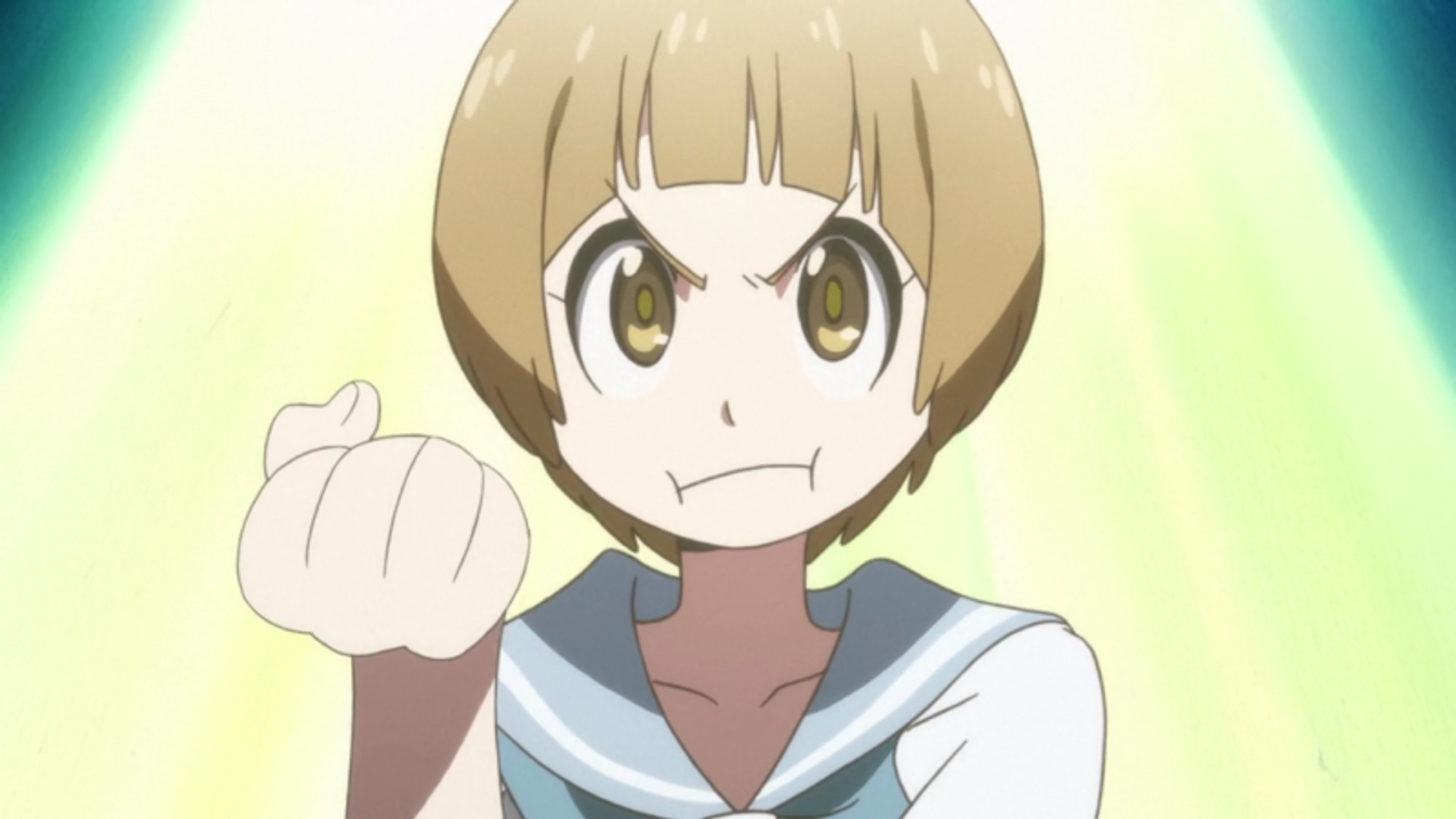 An anime-style character with short brown hair and a school uniform making a fist in a determined pose.