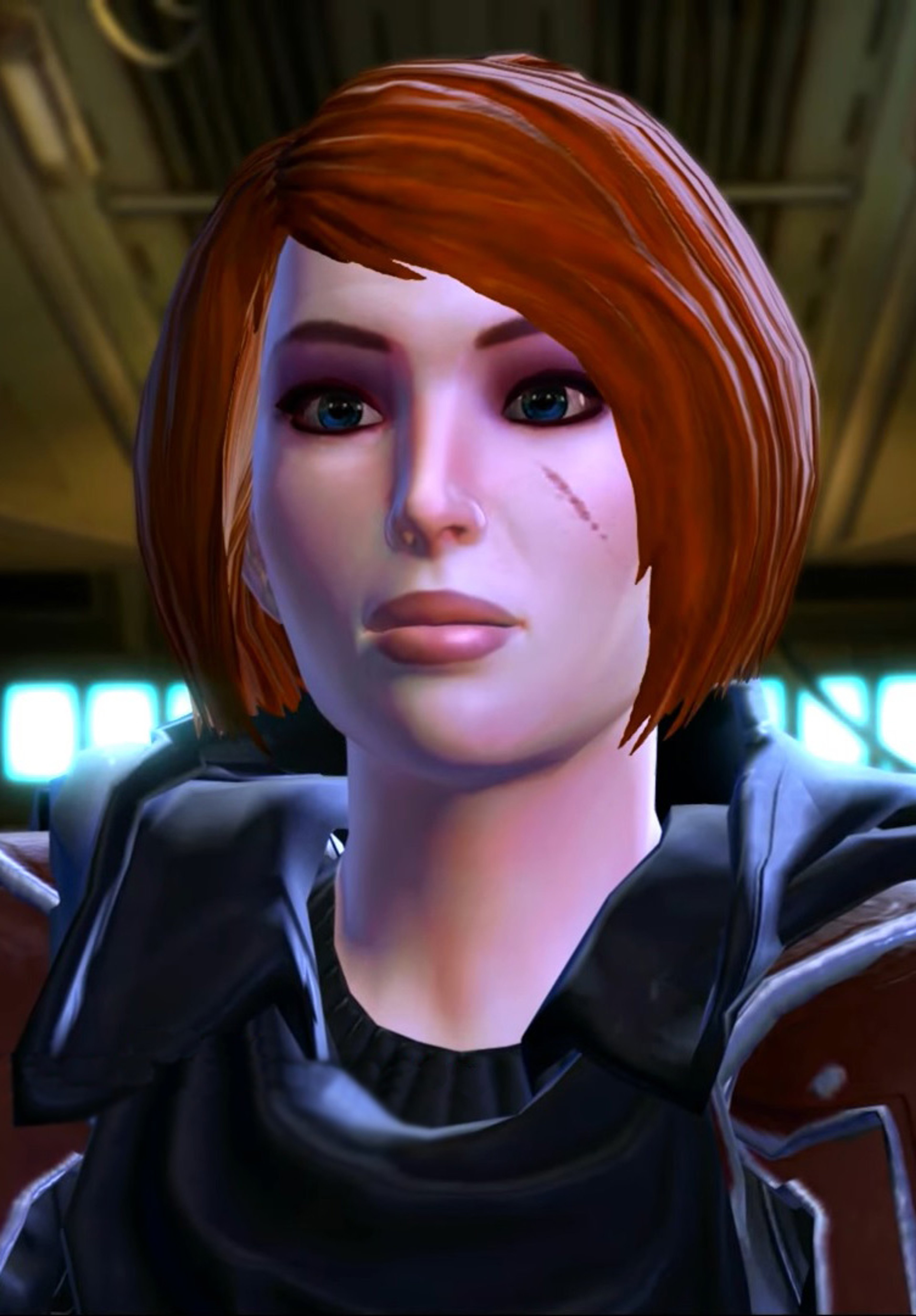 A Jedi Knight with red hair and a scar on her face, wearing modified Jedi robes and standing with confidence.