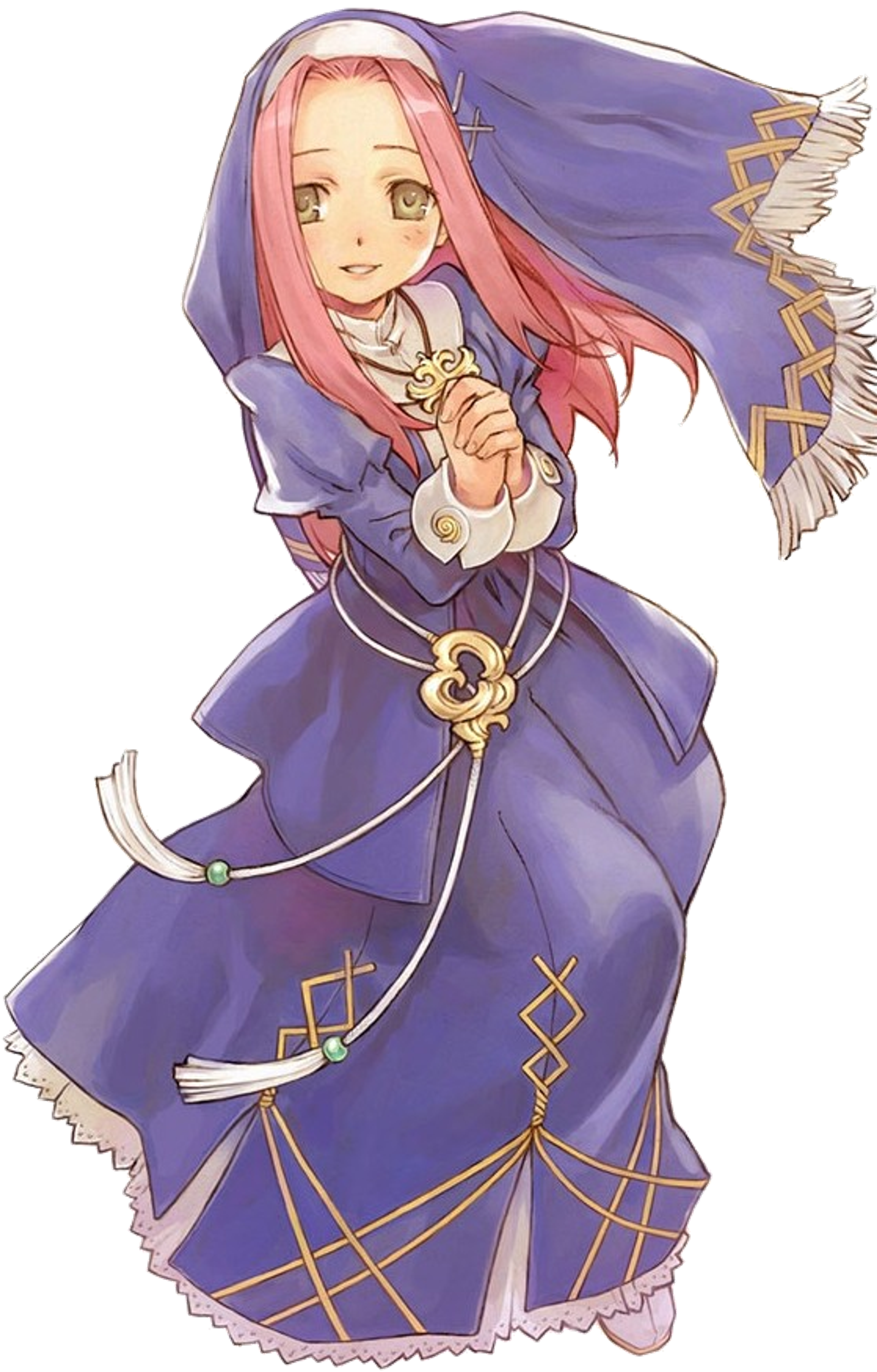 A young woman in a purple hooded robe holding a small animal