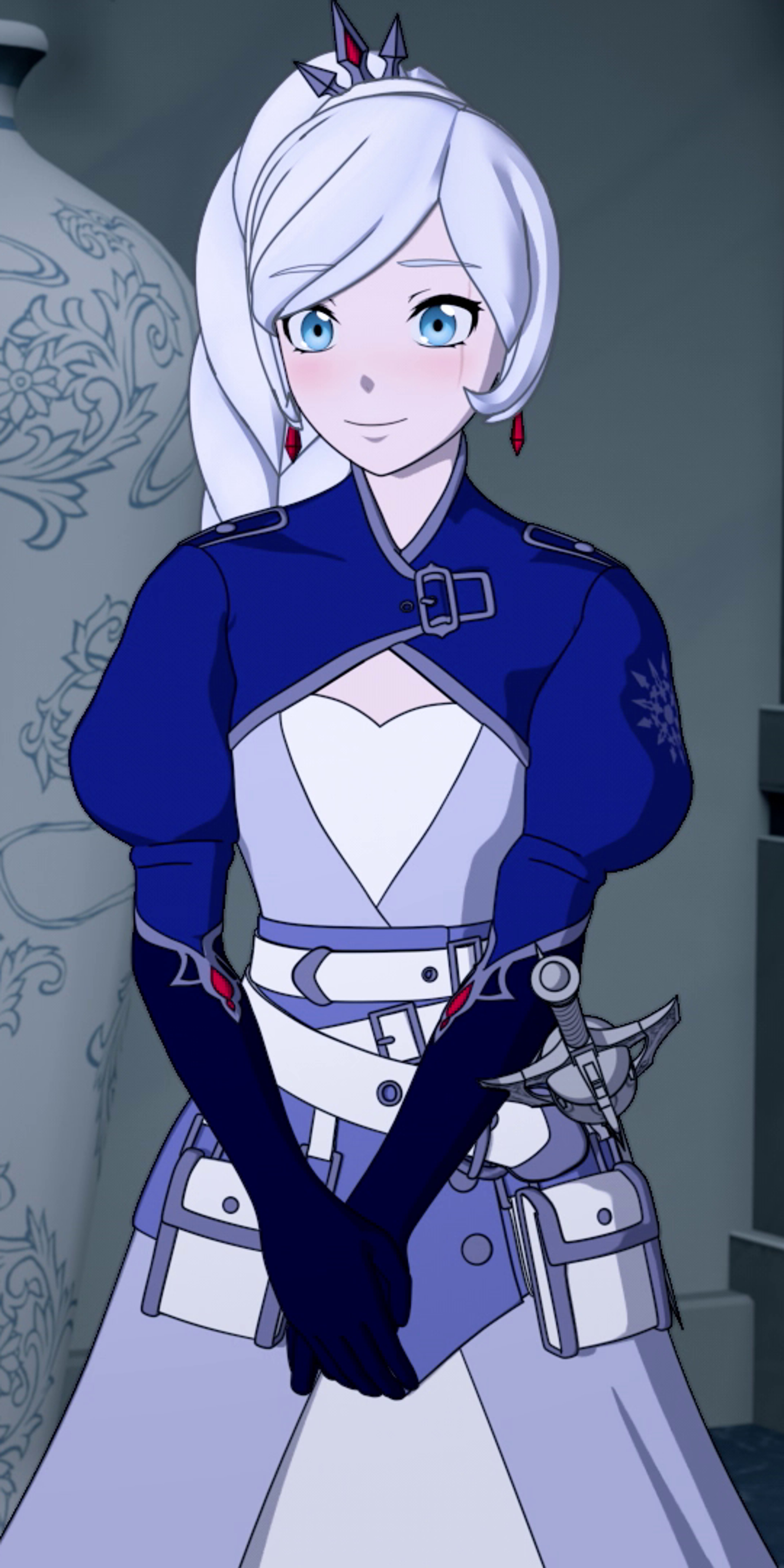 An anime-style character with white hair in a ponytail, wearing a blue and white outfit with belts and buckles.