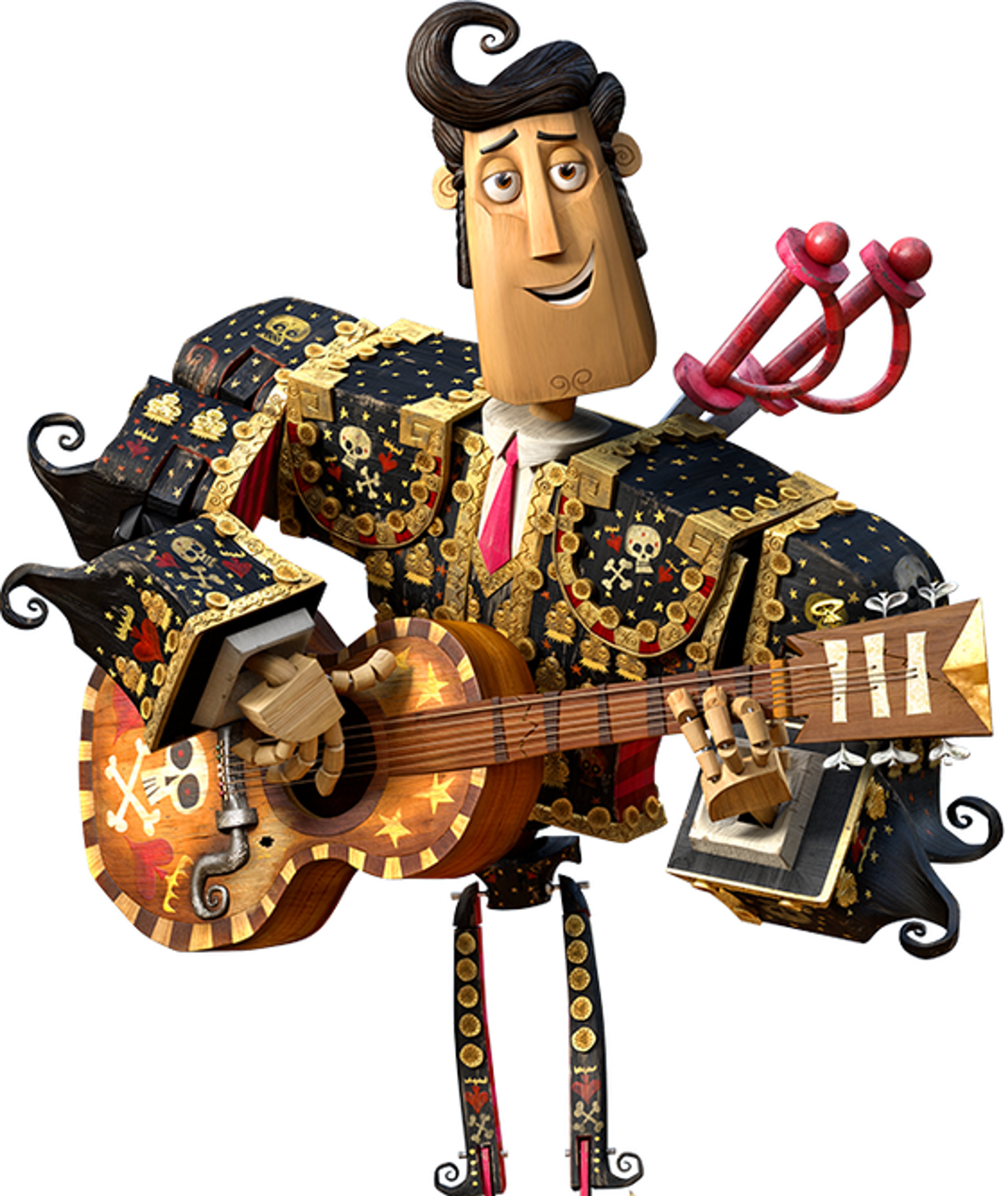 An animated character named Manolo Sánchez holding a guitar in a colorful, fantastical setting.