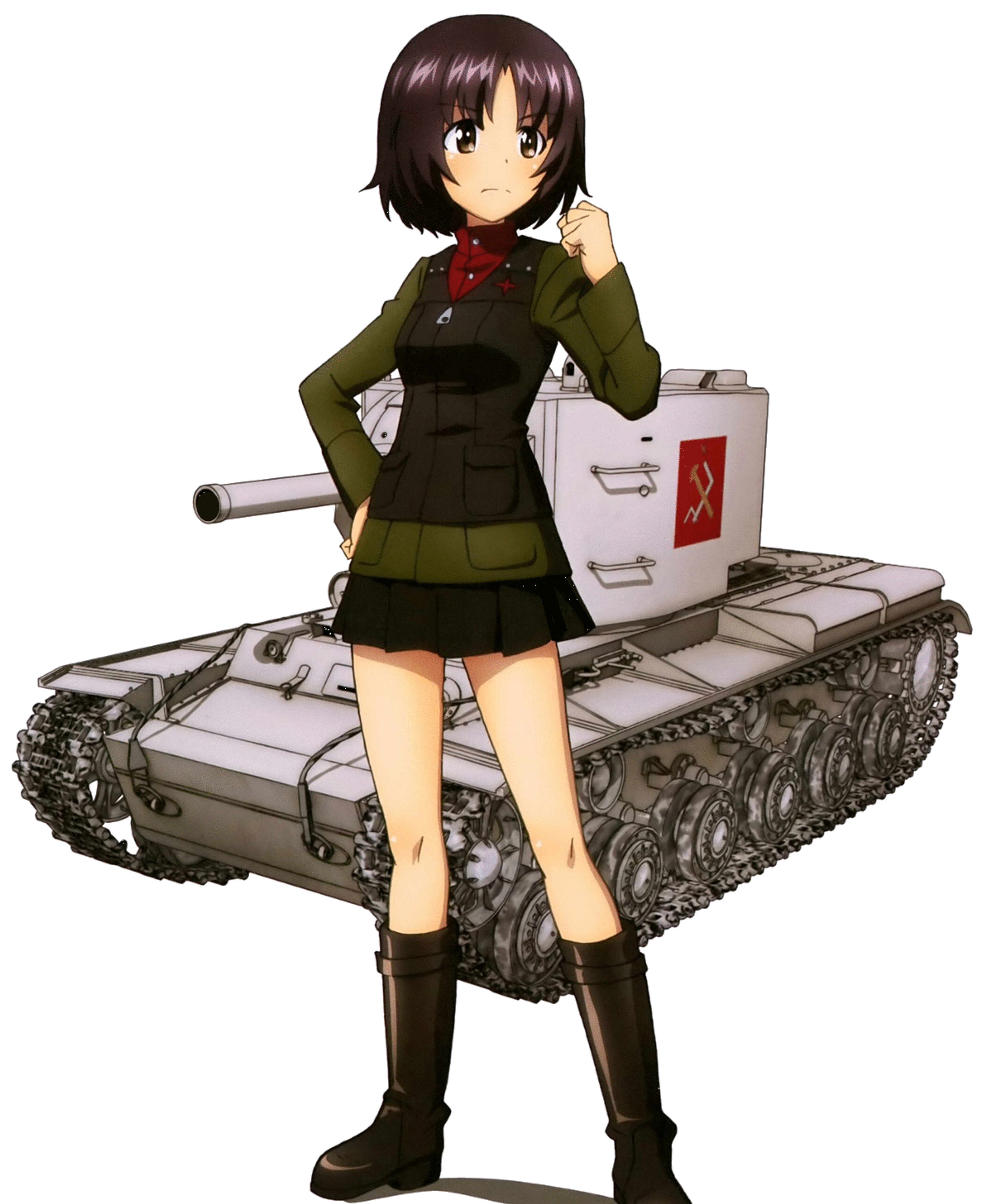 A young woman in a military uniform standing in front of a large Soviet tank