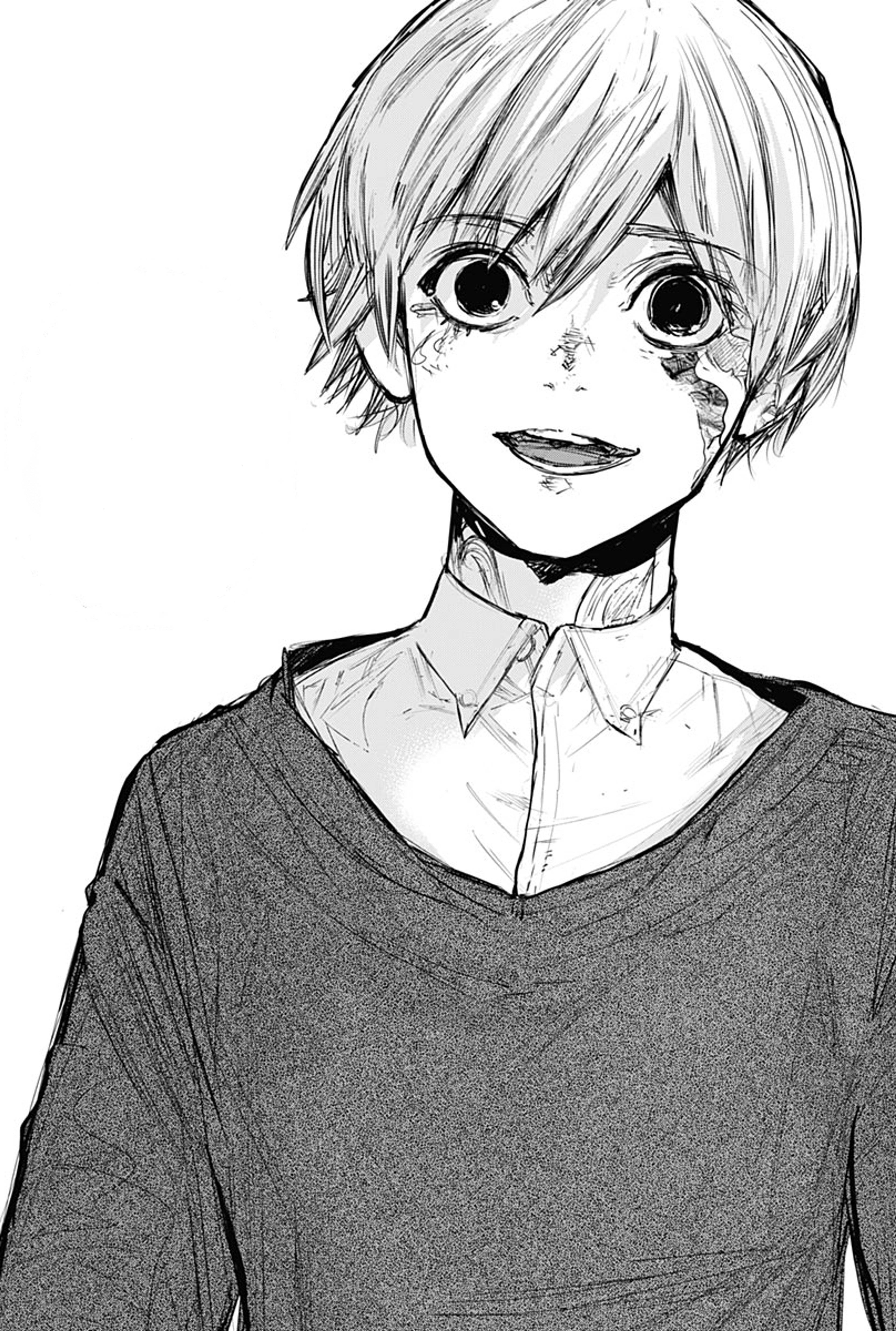 An anime-style character with white hair and large eyes, wearing a dark gray shirt or sweater.