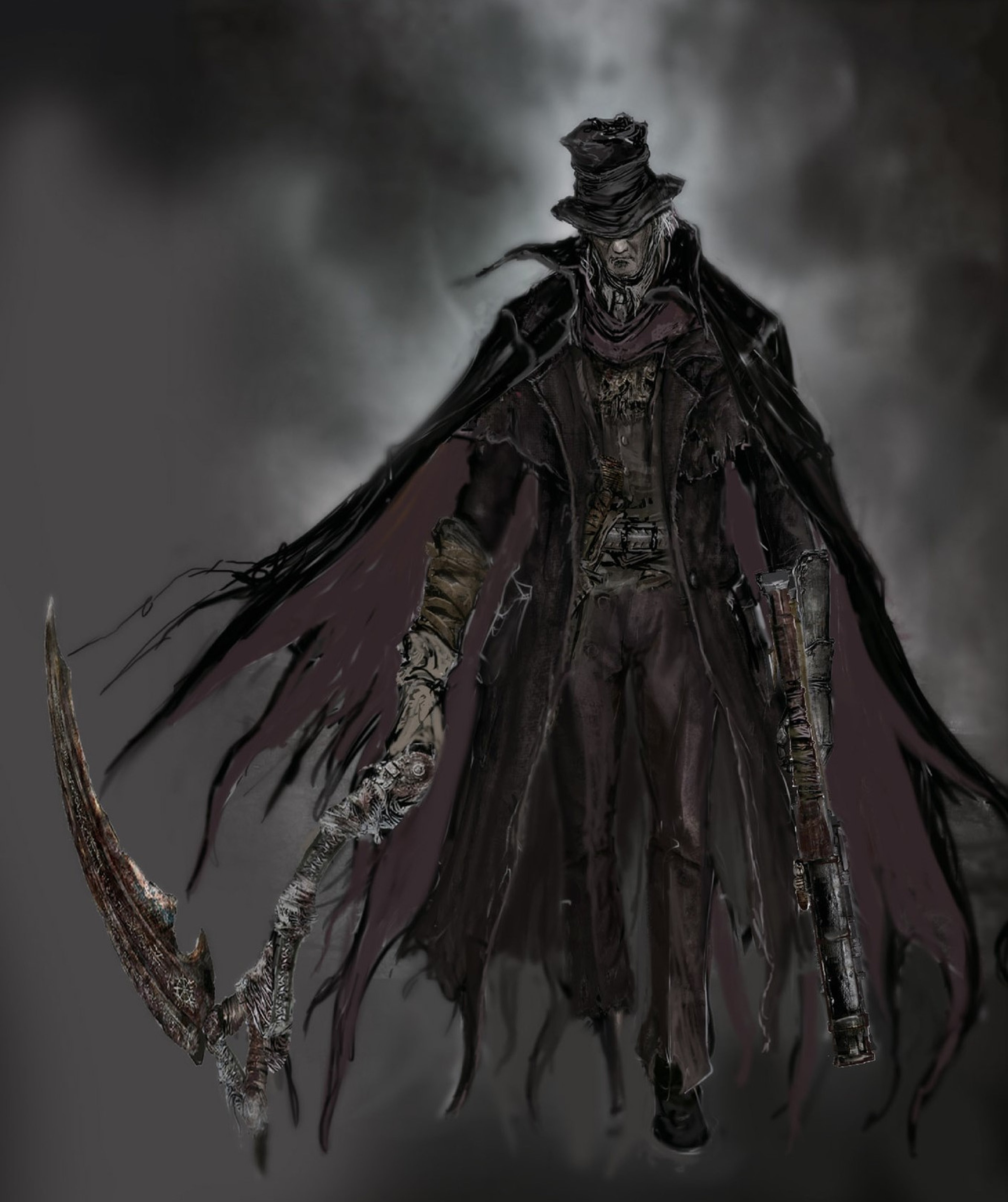 An elderly man in a wheelchair wearing a top hat and dark hunter-like attire