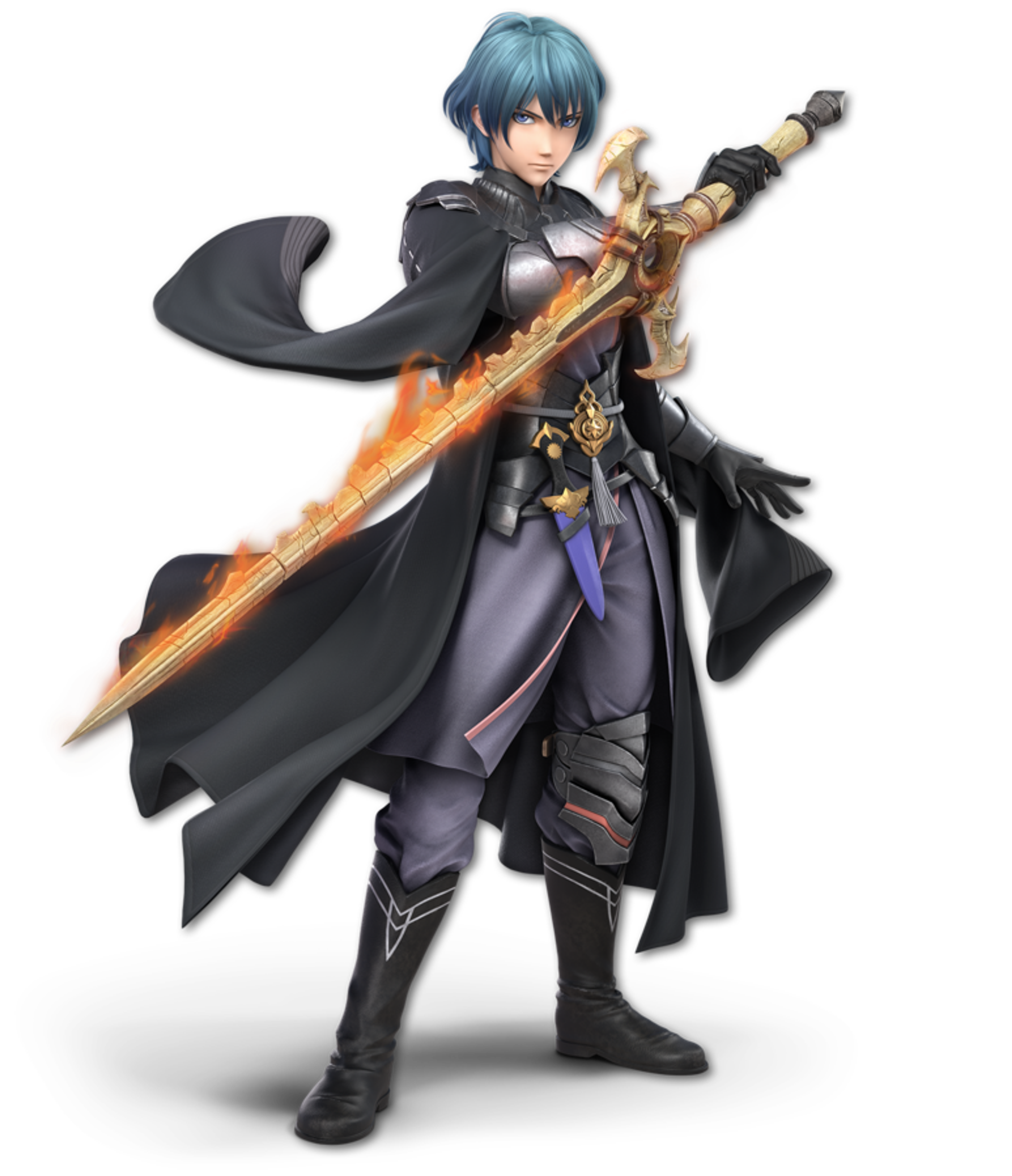 A character named Byleth Eisner from the Fire Emblem universe, wielding a fiery sword and wearing dark clothing with a long cape.