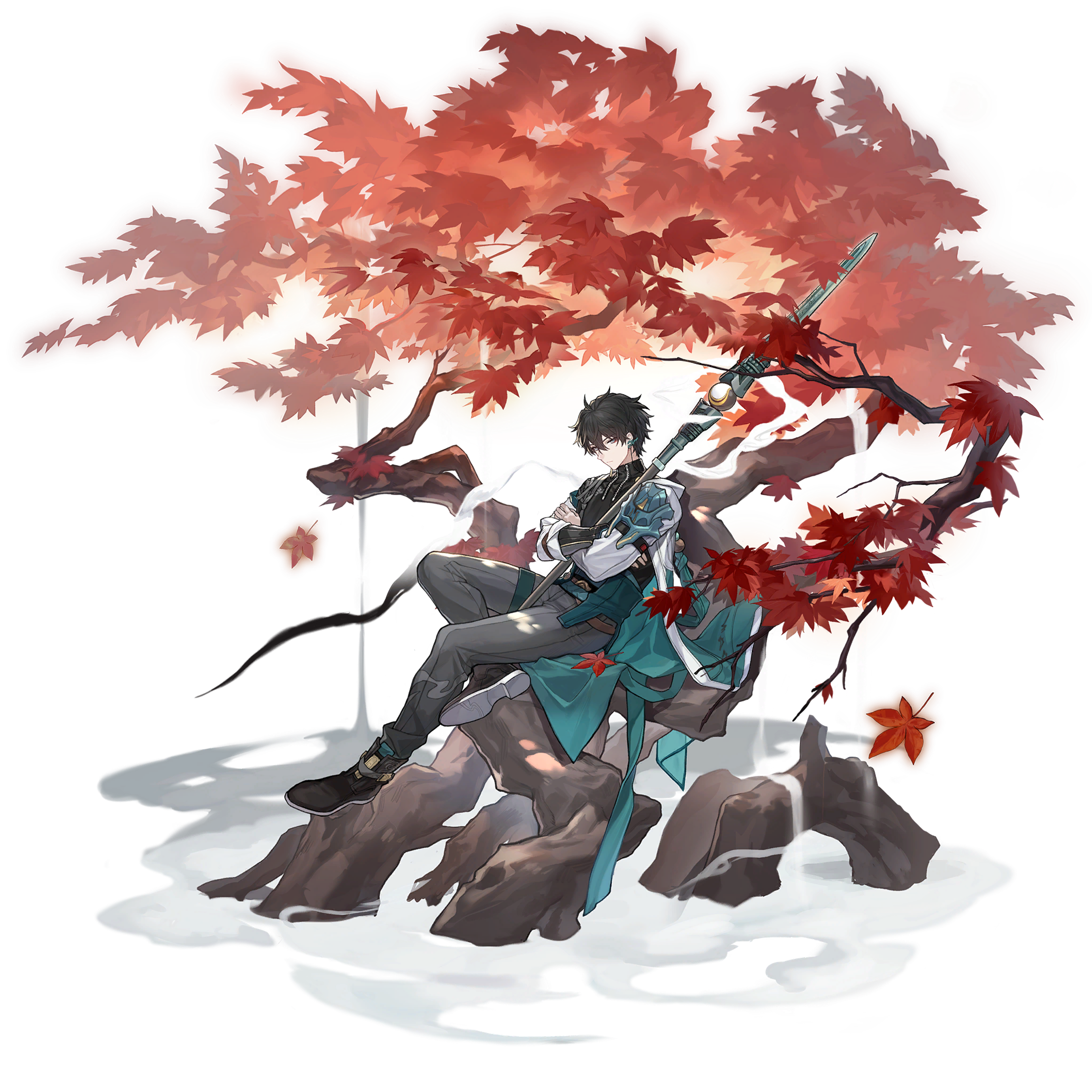 A serious-looking young man in a dark uniform holding a spear-like weapon against a dramatic, fiery sky background.