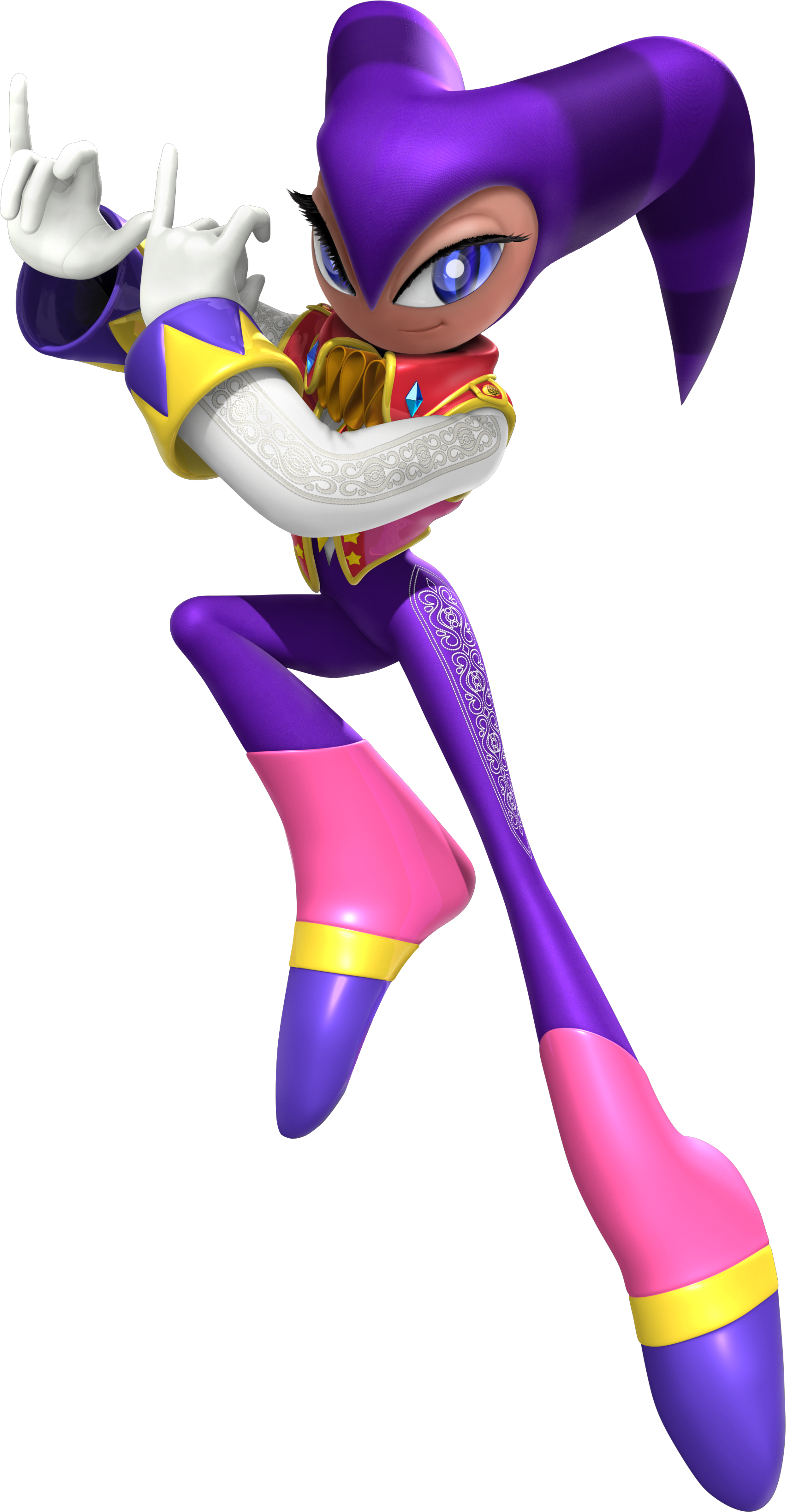 A purple, jester-like character with a slender, androgynous build and a large, expressive eye.