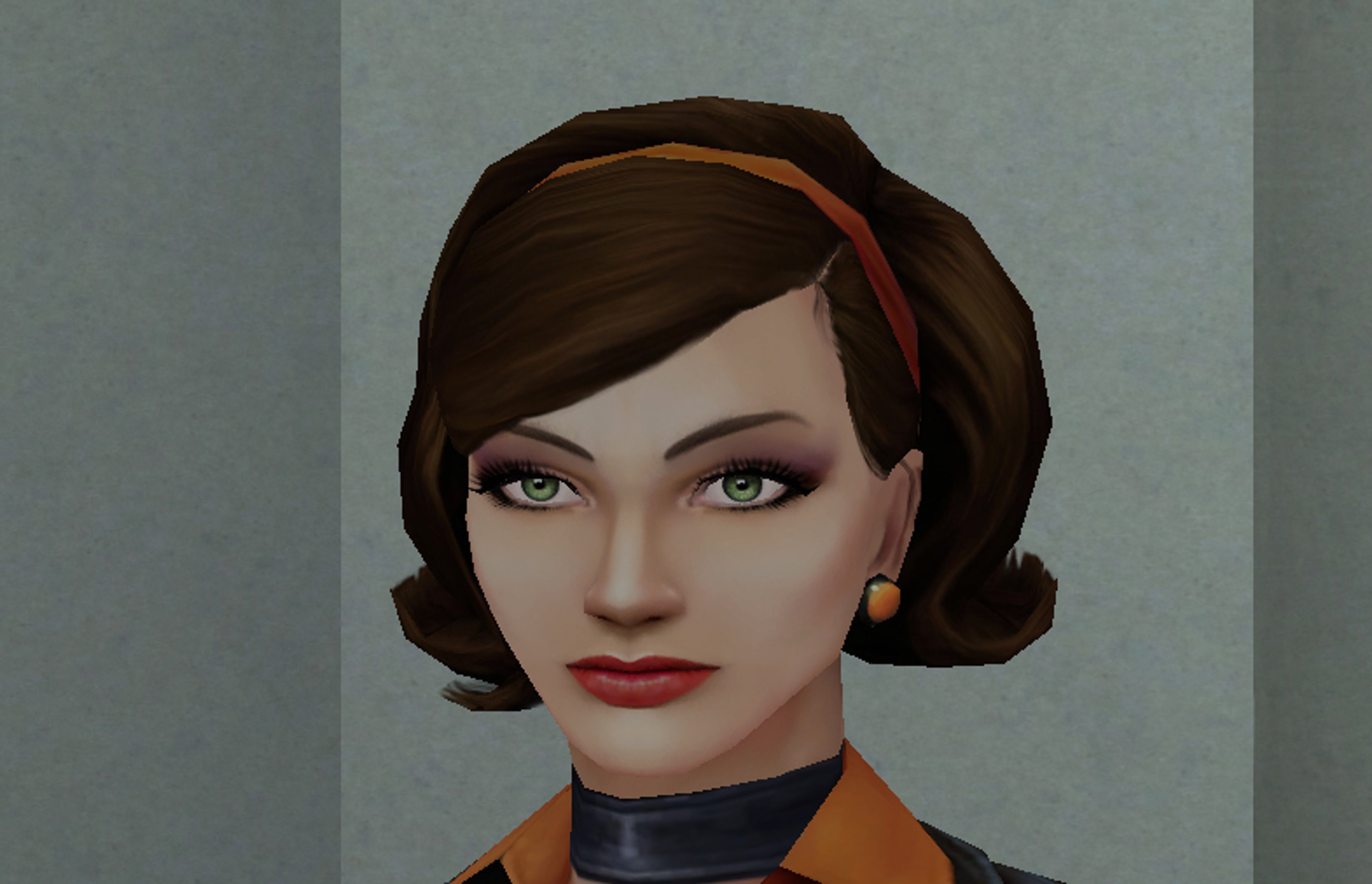 A portrait of a woman with brown hair and green eyes, wearing a navy blue outfit with a high collar.