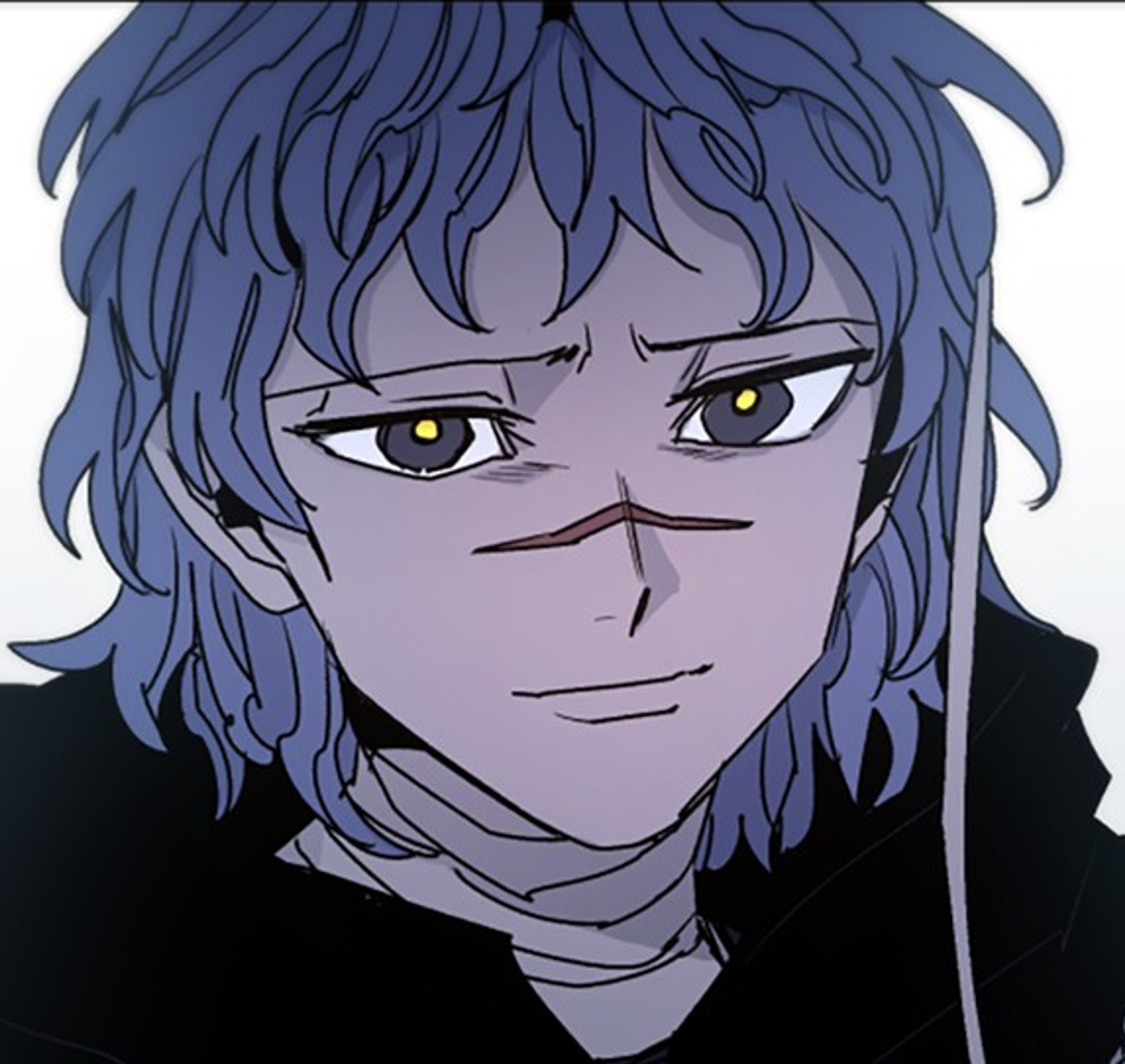 An anime-style character with blue curly hair, gray eyes with yellow pupils, and a muscular build wearing a dark uniform or armor