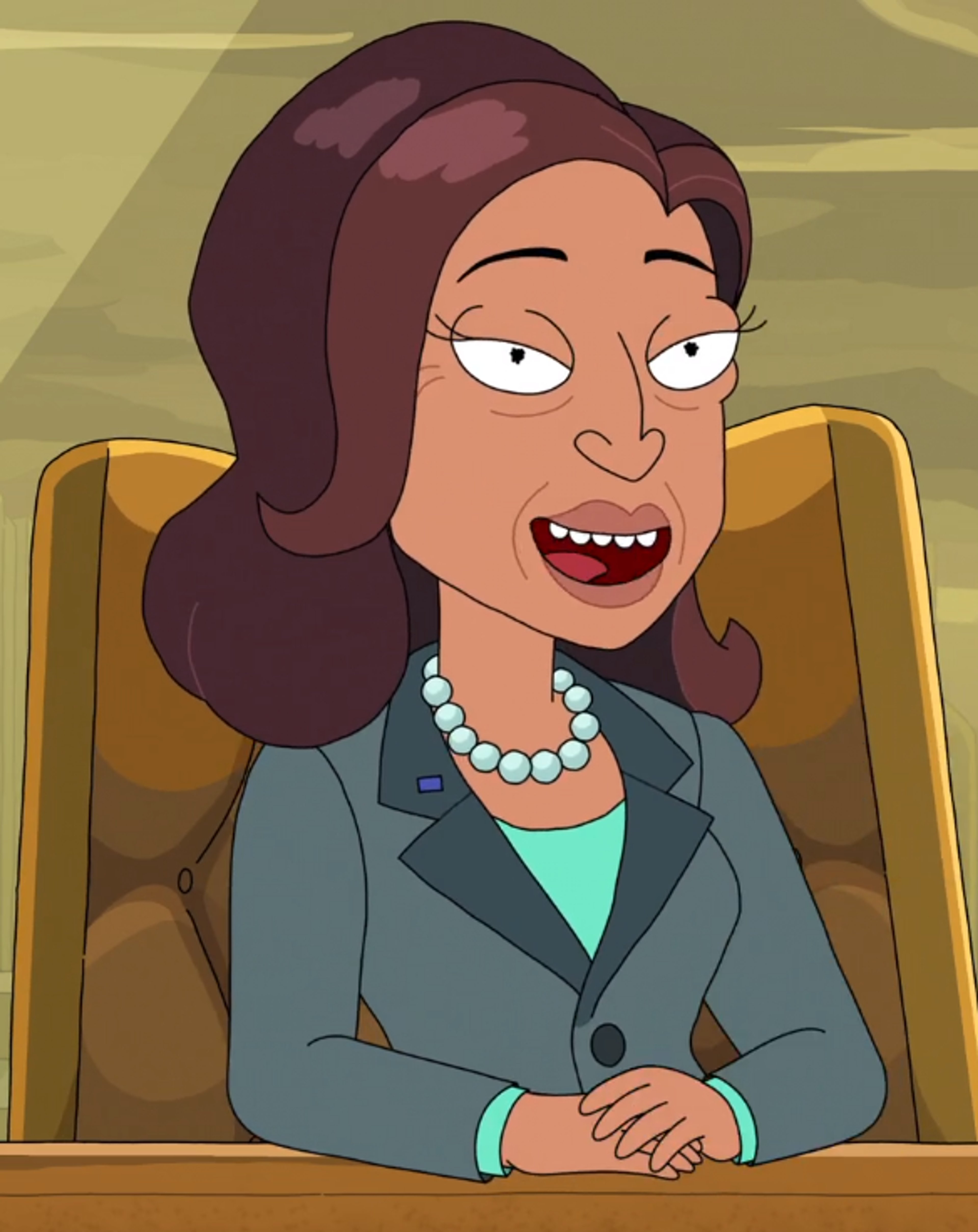 An animated female character with an exaggerated, toothy grin wearing a gray suit jacket