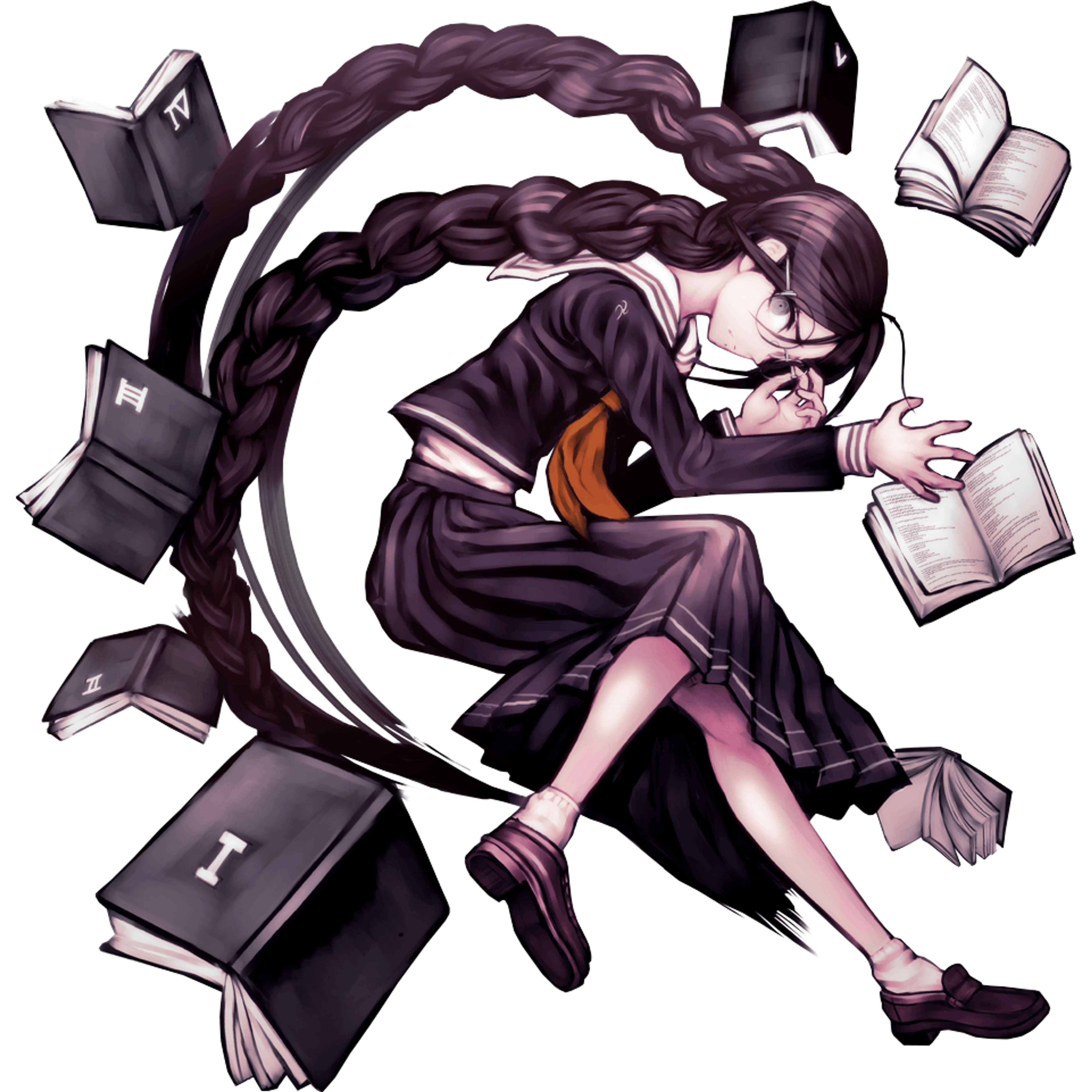 A young woman with dark purple hair sitting in a chair surrounded by books, with a gloomy expression on her face.